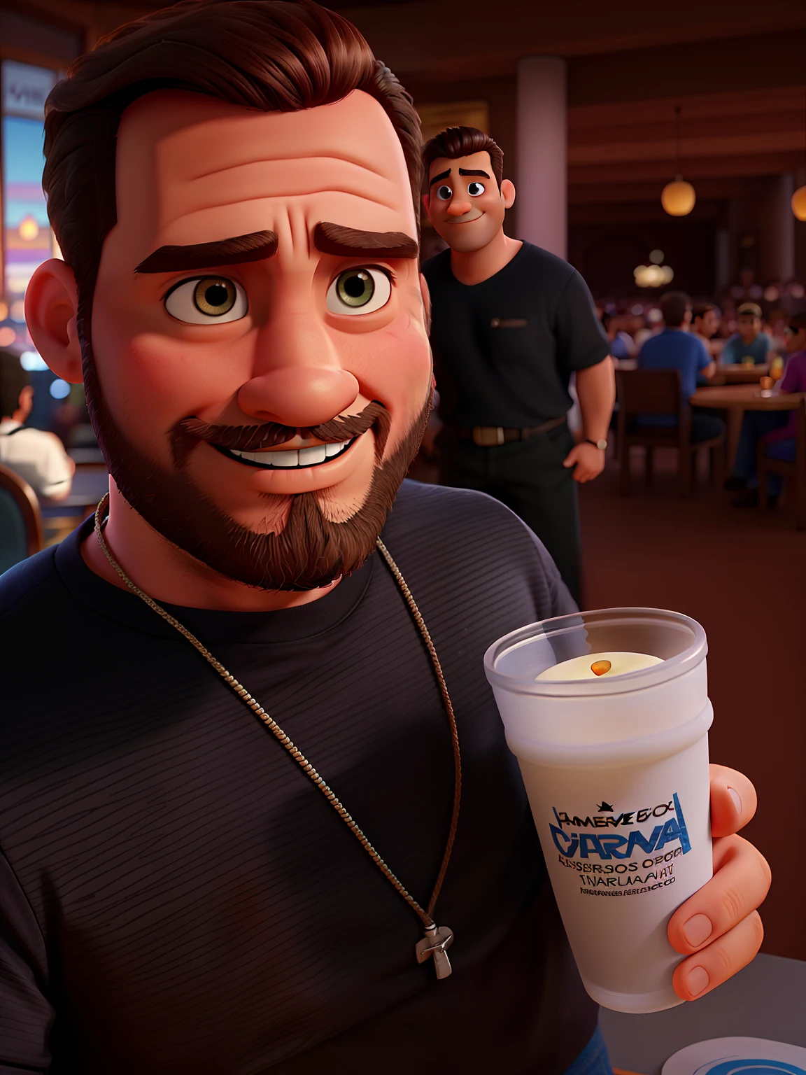 Poster no estilo Disney pixar, alta qualidade, melhor qualidade, homem sexy branco, 30 anos cabelo grisalho barba preta, musculoso, com fundo em um restaurante a luz de velas