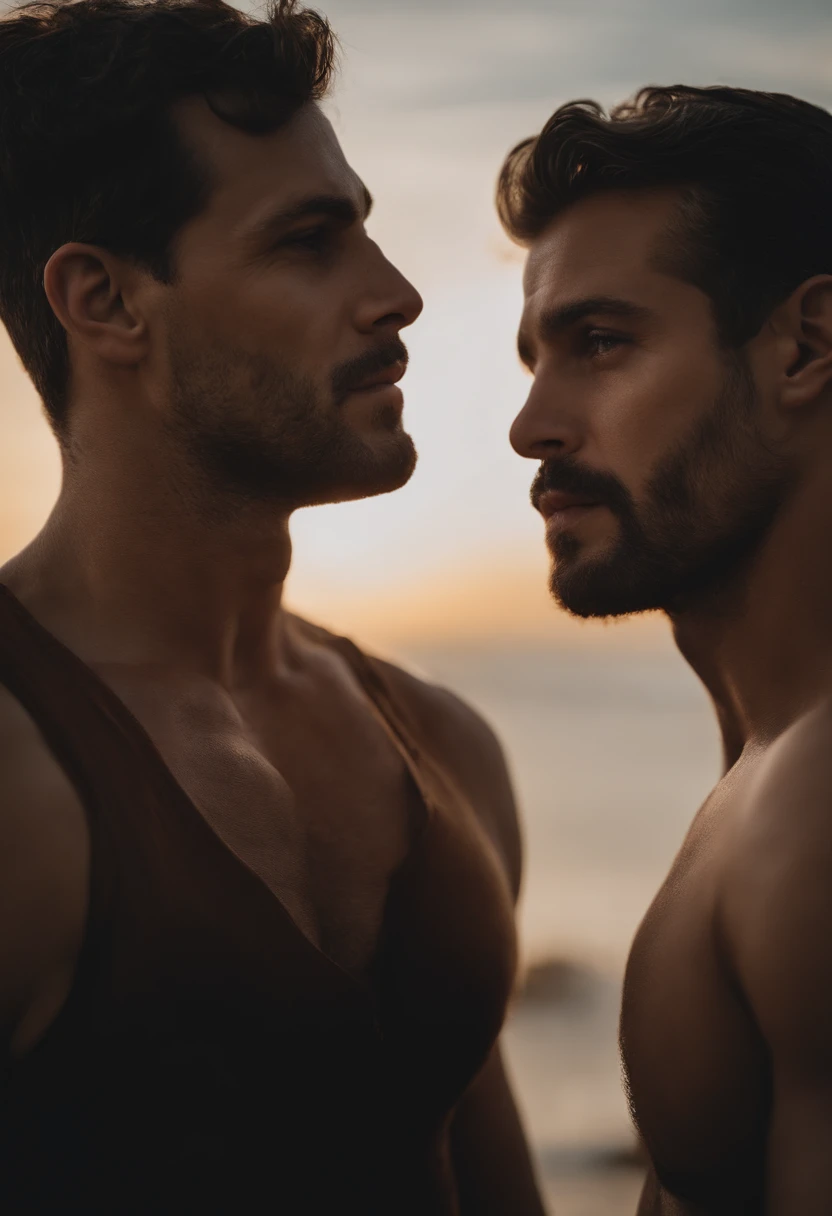 Casal gay. Dois homens sem camisa,se beijando. Amor.