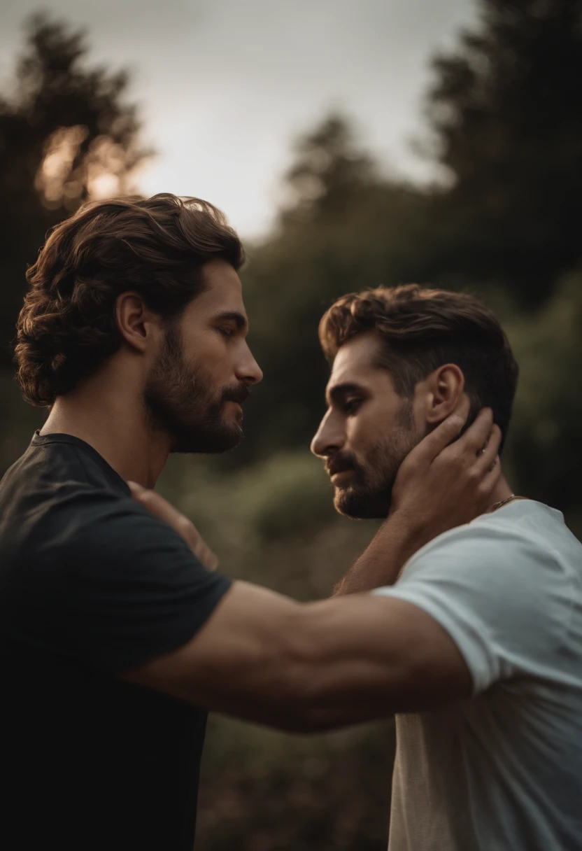 Muscle man kissing with his boyfriend