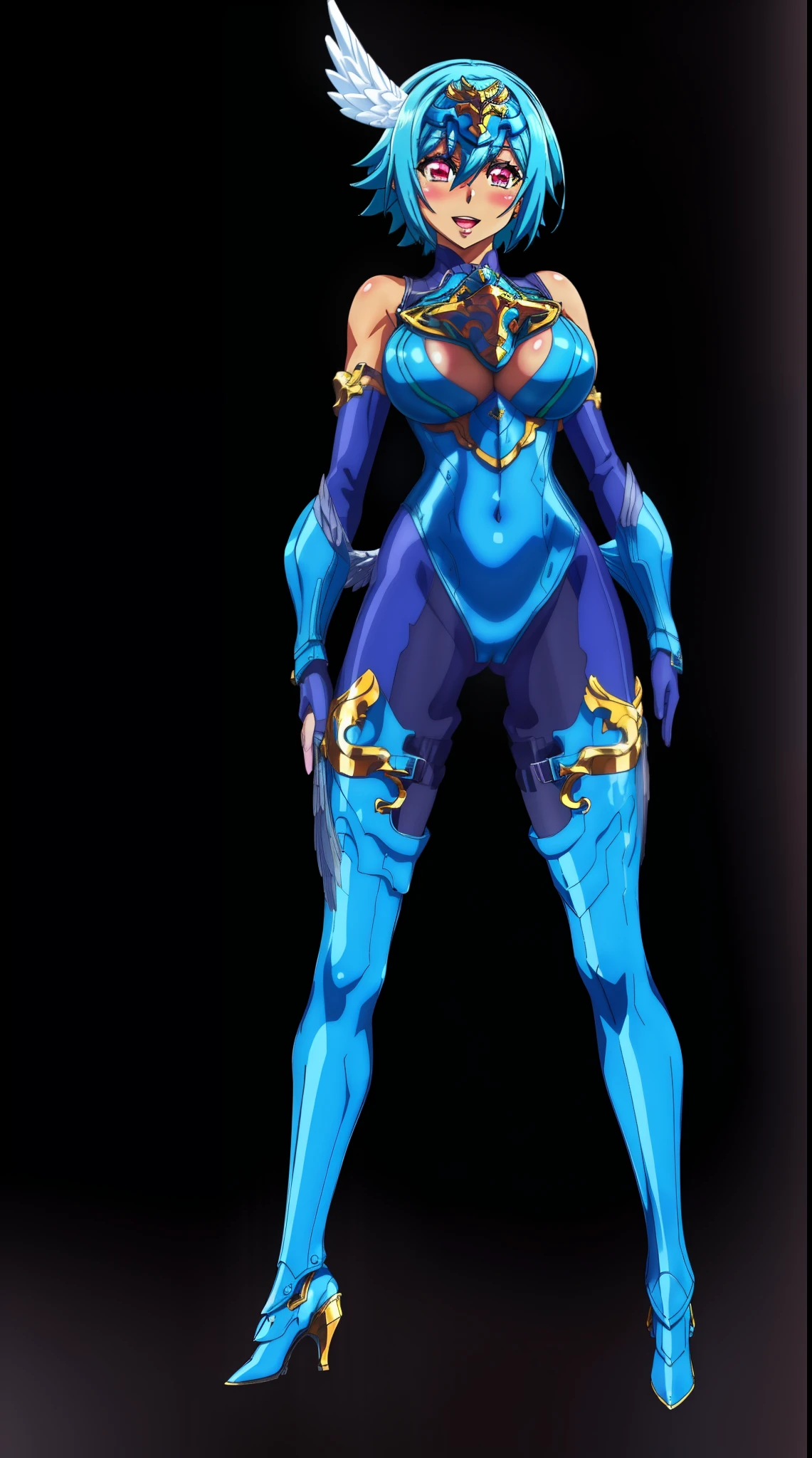 sandalphon (the seven heavenly virtues), masterpiece, best quality, 1girl, solo, short hair, blue hair, red eyes, blush, wings, open mouth, armor, gloves, head wings, full body, boots, white body suit, smile, big breast, tall, latex suit,pantyhose, scarf,