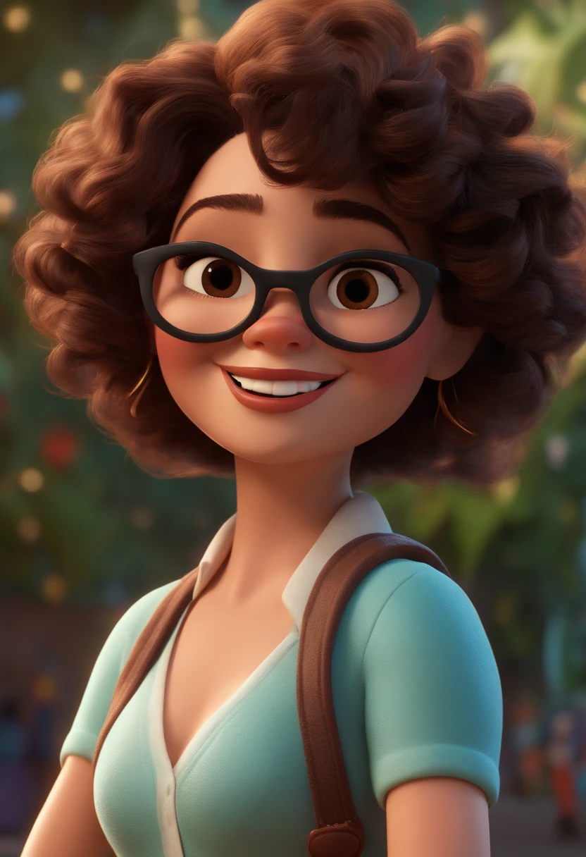 Pixar style image with 3D character white glasses brunette woman short curly hair dancing, Maquiagem Disney,Pescador, bonitinho, sorridente ,Close-up, Pixar, Disney, Cinema lighting,