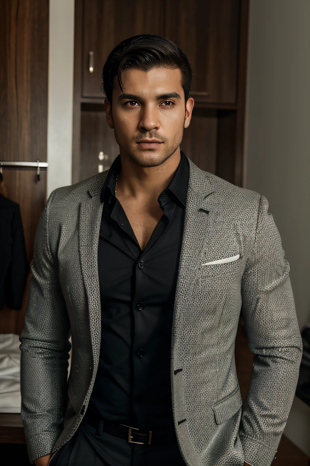 Erwin_Ferreiro, musculoso, ombros largos, sozinho, Olhando para o Viewer, short hair, olhos castanhos, black hair, camisa, 1st grade, suit jacket, camisa branca, parte superior do corpo, Foco masculino, heaven, dia, Cloud, jaqueta marrom