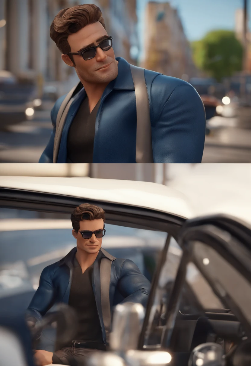 Cartoon character of a man wearing black glasses and a blue shirt, black leather jacket and pants, altura 1.74 metros, 90 quilos, olhos e cabelos castanhos escuros, estilo James Dean, anos 2025, um personagem animado, Caractere estilizado, animation style rendering, 3D estilizado, Arnold Maya render, 3 d render stylized, toon render keyshot, Personagem 3D, Personagem 3D, 3d rendering stylized, 3 d character render, personagem de desenho animado, Personagem de close up, Pose de personagem, (Estilo Pixar) (master part:1.2) (Bokeh) (best quality) (pele detalhada) (textura detalhada) (8k) (argila) (Cinematic lighting) (foco nítido,Senta e vaza a parte superior do corpo