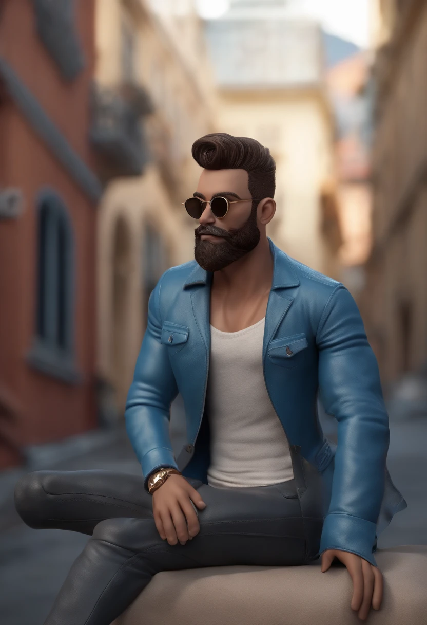 Cartoon character of a man wearing black glasses and a blue shirt, black leather jacket and pants, altura  1.74 metros, 90 quilos, olhos e cabelos castanhos escuros, estilo James Dean, anos 2025, um personagem animado, Caractere estilizado, animation style rendering, 3D estilizado, Arnold Maya render, 3 d render stylized, toon render keyshot, Personagem 3D, Personagem 3D, 3d rendering stylized, 3 d character render, personagem de desenho animado, Personagem de close up, Pose de personagem, (Estilo Pixar) (master part:1.2) (Bokeh) (best quality) (pele detalhada) (textura detalhada) (8k) (argila) (Cinematic lighting) (foco nítido，Senta e vaza a parte superior do corpo