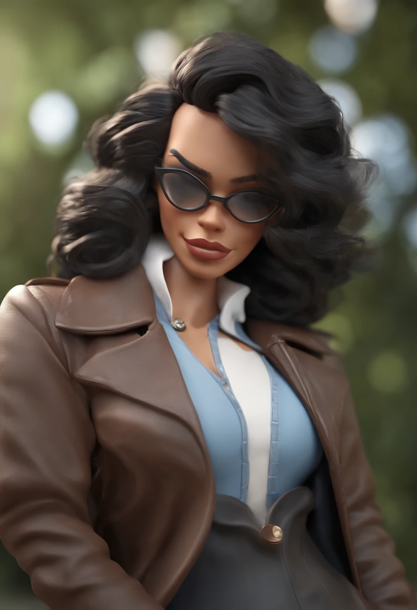 Cartoon character of a man wearing black glasses and a blue shirt, black leather jacket and pants, altura 1.74 metros, 90 quilos, olhos e cabelos castanhos escuros, estilo James Dean, anos 2025, um personagem animado, Caractere estilizado, animation style rendering, 3D estilizado, Arnold Maya render, 3 d render stylized, toon render keyshot, Personagem 3D, Personagem 3D, 3d rendering stylized, 3 d character render, personagem de desenho animado, Personagem de close up, Pose de personagem, (Estilo Pixar) (master part:1.2) (Bokeh) (best quality) (pele detalhada) (textura detalhada) (8k) (argila) (Cinematic lighting) (foco nítido,Senta e vaza a parte superior do corpo