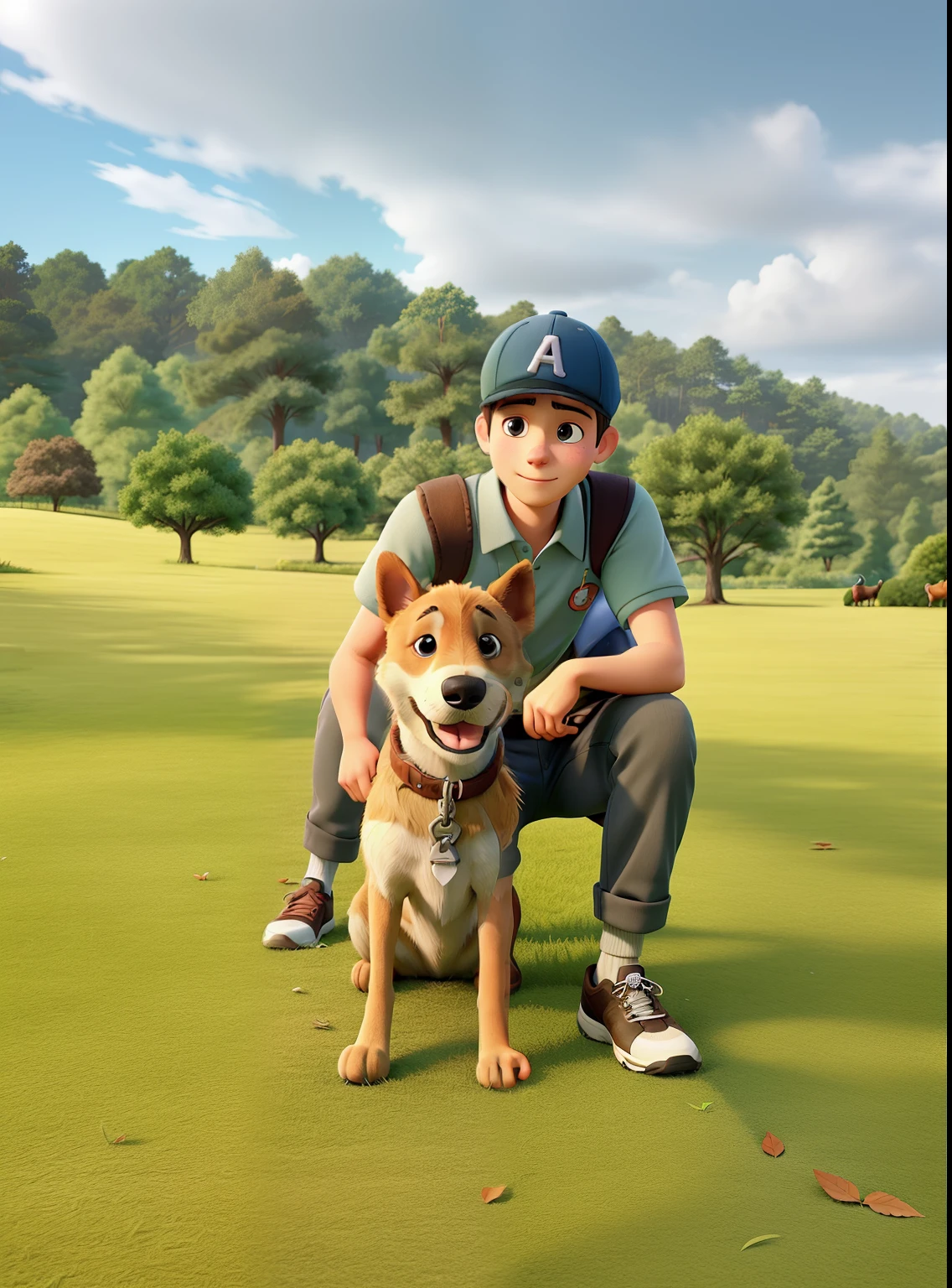 A young man in a cap crouching on the grass hugging his dog with the background of trees.