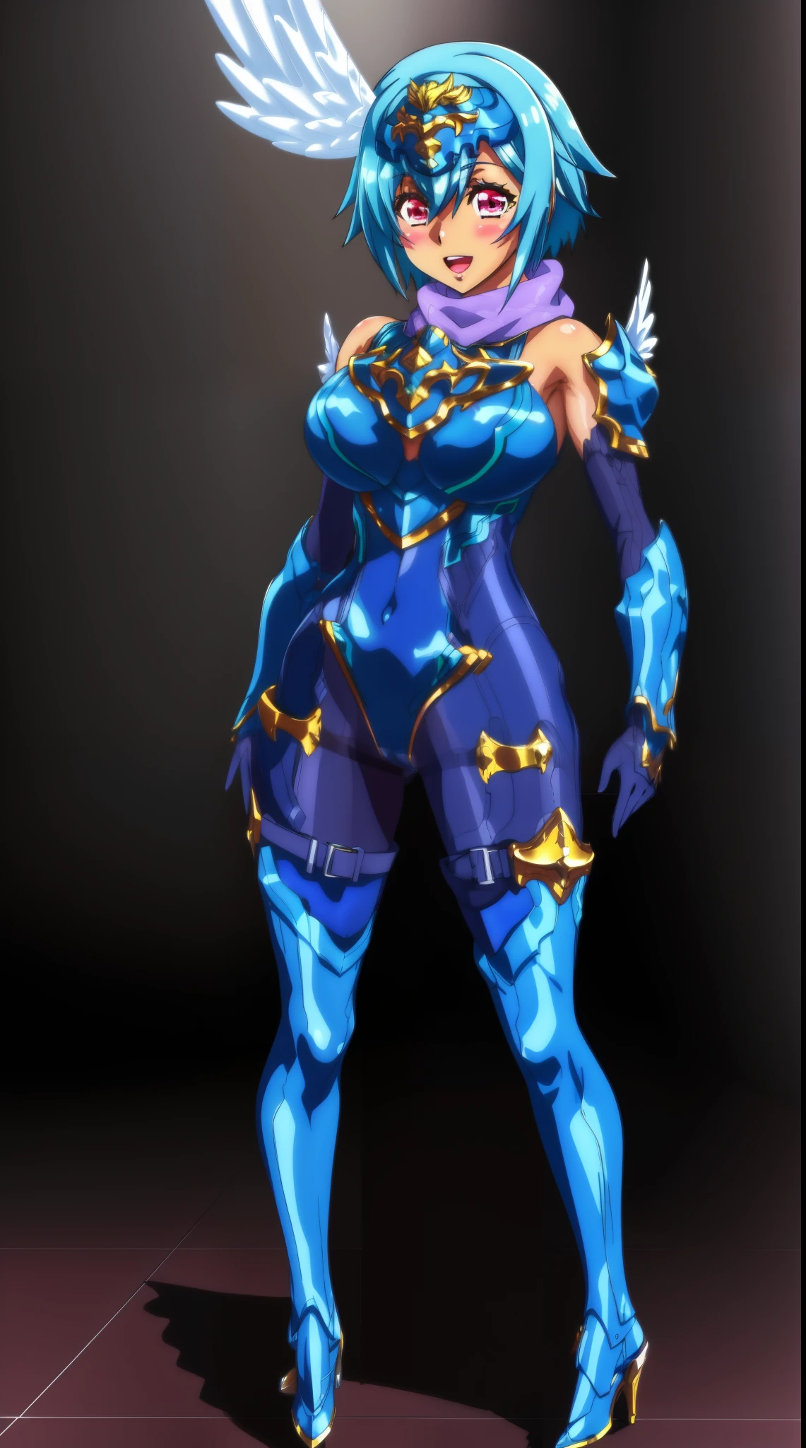 sandalphon (the seven heavenly virtues), masterpiece, best quality, 1girl, solo, short hair, blue hair, red eyes, blush, wings, open mouth, armor, gloves, head wings, full body, boots, white body suit, smile, big breast, tall, latex suit