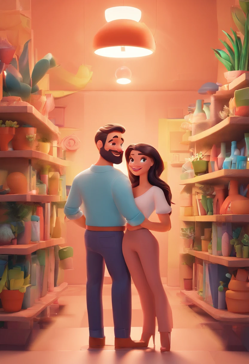 An illustration of an adorable couple, Destacando um homem e uma mulher com beleza, Expressive eyes – the man's hair is bald and brown and he has a full beard, While the woman's hair is tied up in a bun and blonde. They are a bright space, Todos com um sorriso no rosto, e compartilhe um momento especial, That is marked by love, viagem, and pedagogical insights. Ilustre esta cena a partir de uma perspectiva, where they're facing away from the camera, Show Your Connection. Desenvolva esta arte em Full HD, Focus on your cinematic touch, Estilo Disney Pixar Animations