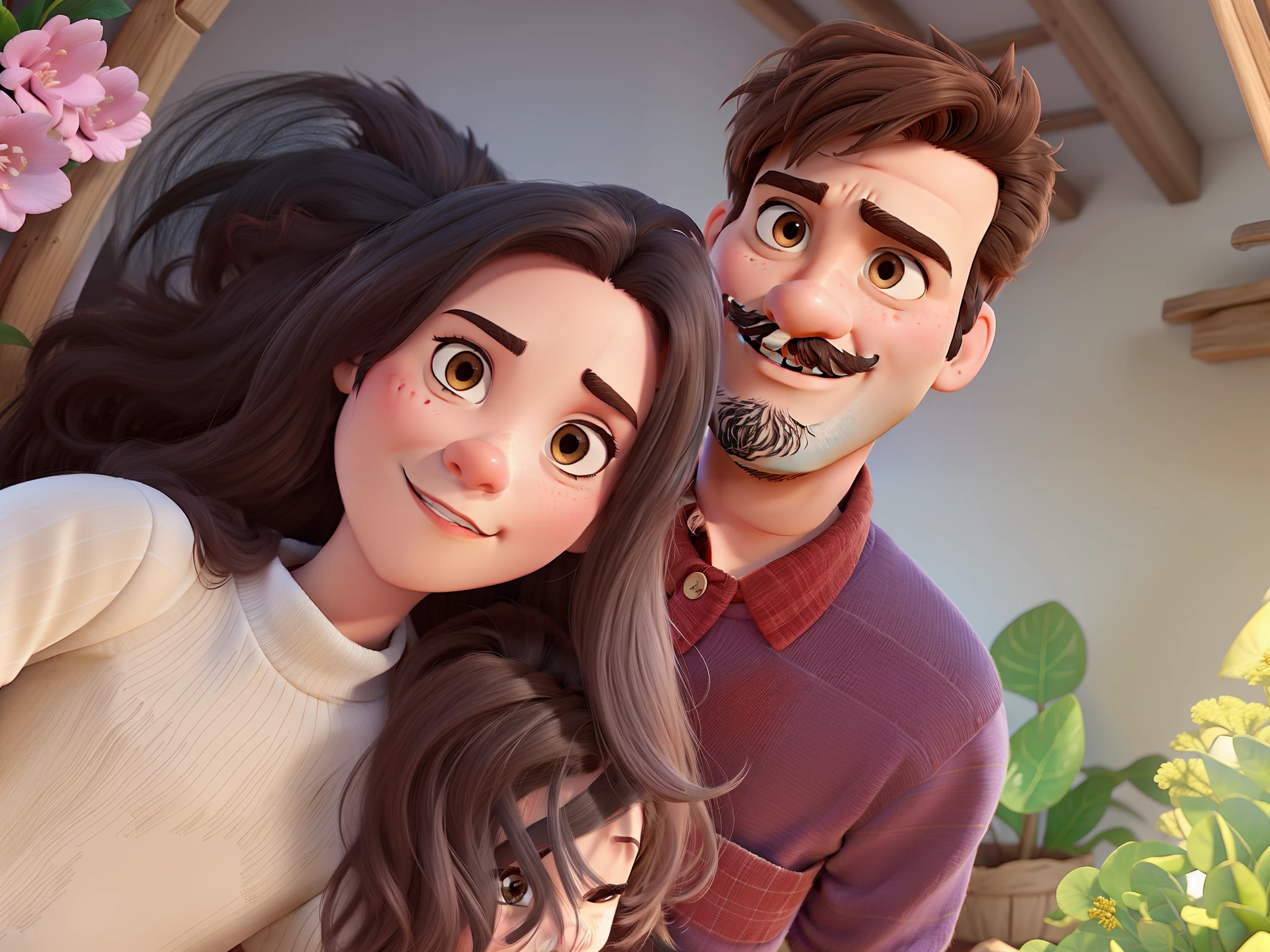 Casal estilo Disney pixar, mulher com seios pequenos, homem com cavanhaque e bigode