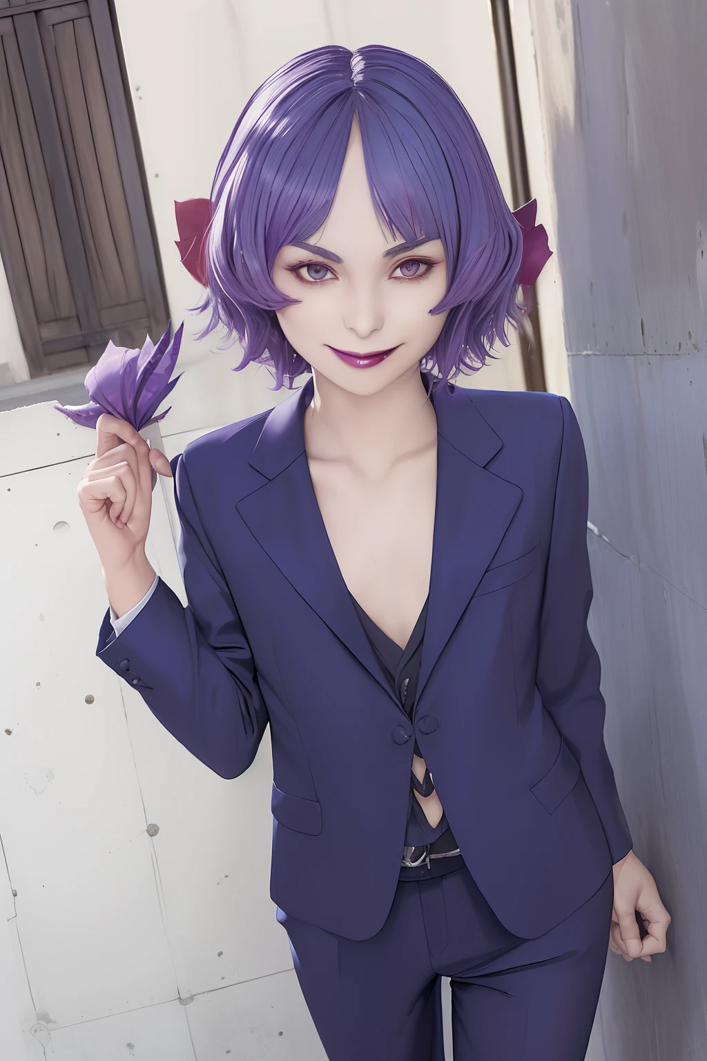 (((Remilia Escarlate))), (Asas de morcego), (Vampiro), short hair, (((cabelos azuis))), ((Standing)), ((((rosto fechado para cima)))), ((suit jacket, Camisa Tensa)), sorriso maligno,,