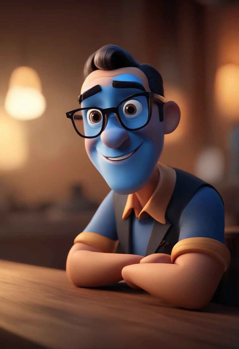 Cartoon character of a man with black glasses and a blue shirt, animation character, Caractere estilizado, animation style rendering, 3D estilizado, Arnold Maya render, 3 d render stylized, toon render keyshot, Personagem 3D, Personagem 3D, 3d rendering stylized, 3 d character render, personagem de desenho animado, Personagem de close up, Pose de personagem, (Estilo Pixar) (master part:1.2) (Bokeh) (best quality) (pele detalhada) (textura detalhada) (8k) (argila) (Cinematic lighting) (foco nítido