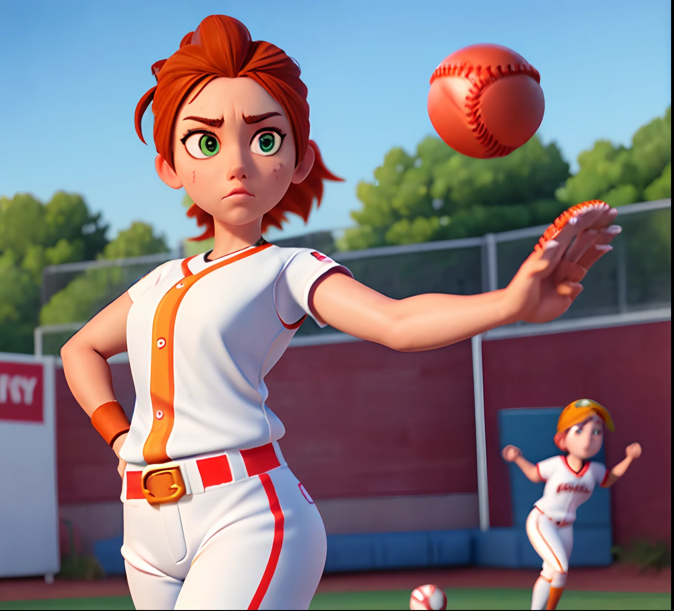 Masterpiece, (watercolor:1.3), (short stack:1.1), forward facing, eyes on camera, serious expression, (action shot:1.4) , (upper body strength:1.3), contrapposto (tattoo:1), softball pitcher, auburn hair, green eyes, (string bikini:1), pitching a softball at viewer, (focus on softball in foreground:1.4), sunny, natural lighting, High definition, excellent resolution, excellent quality, insane detail, semi realistic, postprocessed, crisp face, facial features, extremely detailed, facial features