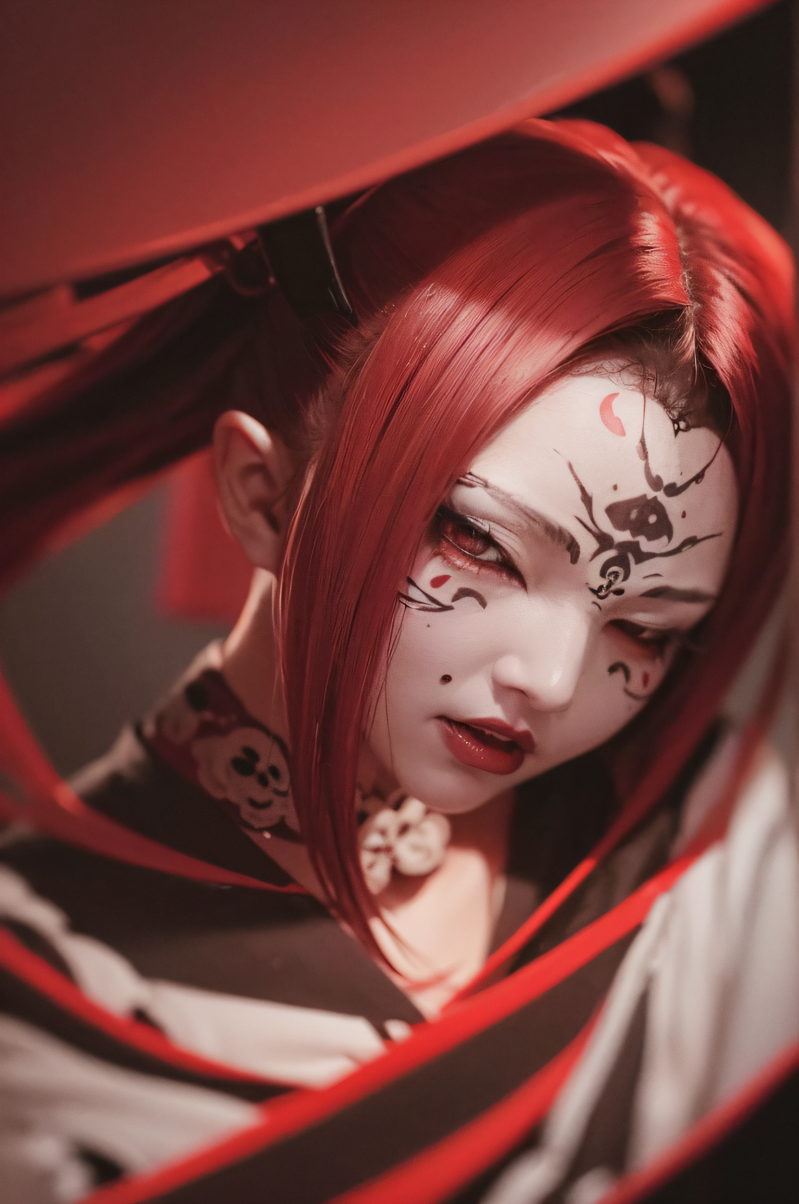 "(The best lighting, oscuro, dramatic),(feto calavera geisha escupiendo tinta roja, Cicatrices, sexy, cerebro, sangre, una rata dentro de la cabeza, terror.),(ojos rojos, calaveras). volumetric light.
