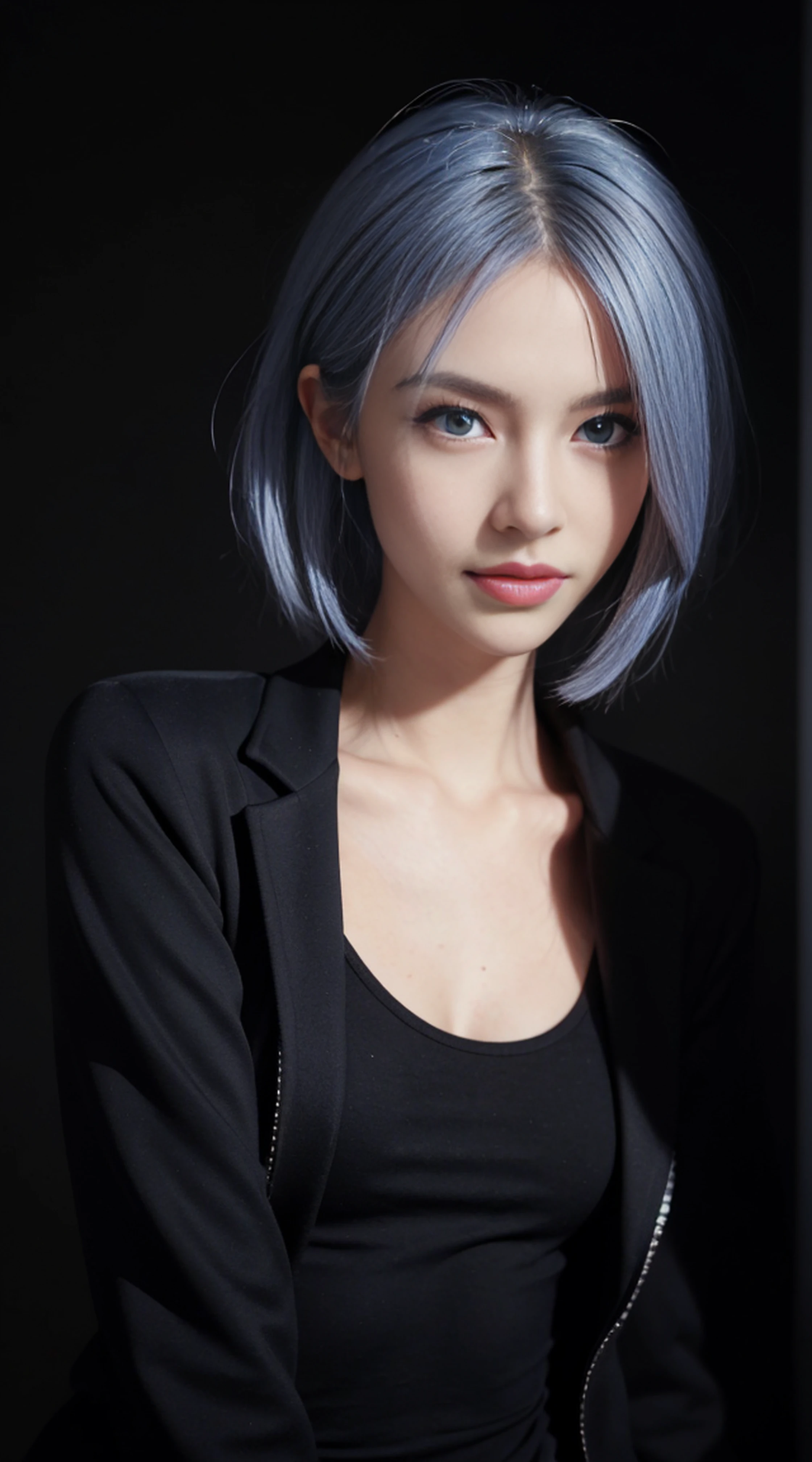 8K, Top Quality, Intricate Details, Ultra Detail, Ultra High Resolution, Masterpiece, random angle,  Slender, Smile, (Makeup: 0.4), (Fluffy Blue Eyes: 1.21), blue Eyes, looking at viewer, ((full body)), 1girl, solo, 1 girl, (( full body)), close up shot, , ((tall)), (((fit body))), (((slim face))), sharp face, sharp eyes, (((random colour hair,  )) , (detailed face), sharp face, small lips, 
 (( )), ((open mini coat)),  detailed face, detailed breast, , large breast, detail ass, , Beautiful girl with accentuated slender abs: 1.4, Six Pack Abs: 1.4, Bust Botox, Big, Perfect Body, detail leg, (( dark background)), black background, (((see the whole body)))