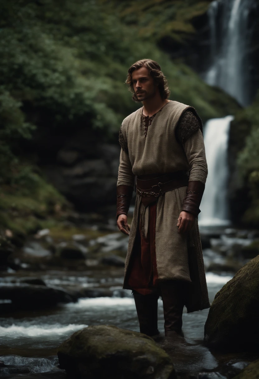 A medieval prince at a waterfall, tomando banho,sem vestes, tunic, prince