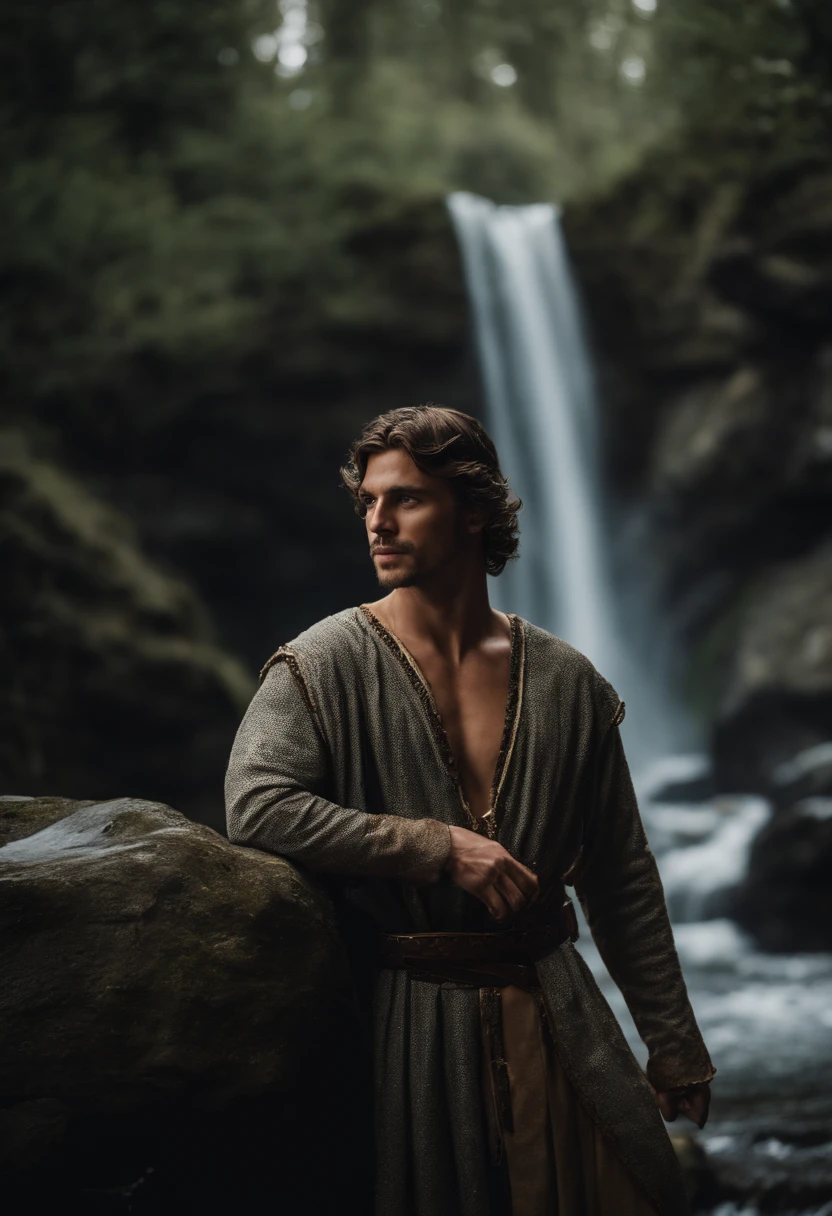 A medieval prince at a waterfall, tomando banho,sem vestes, tunic, prince