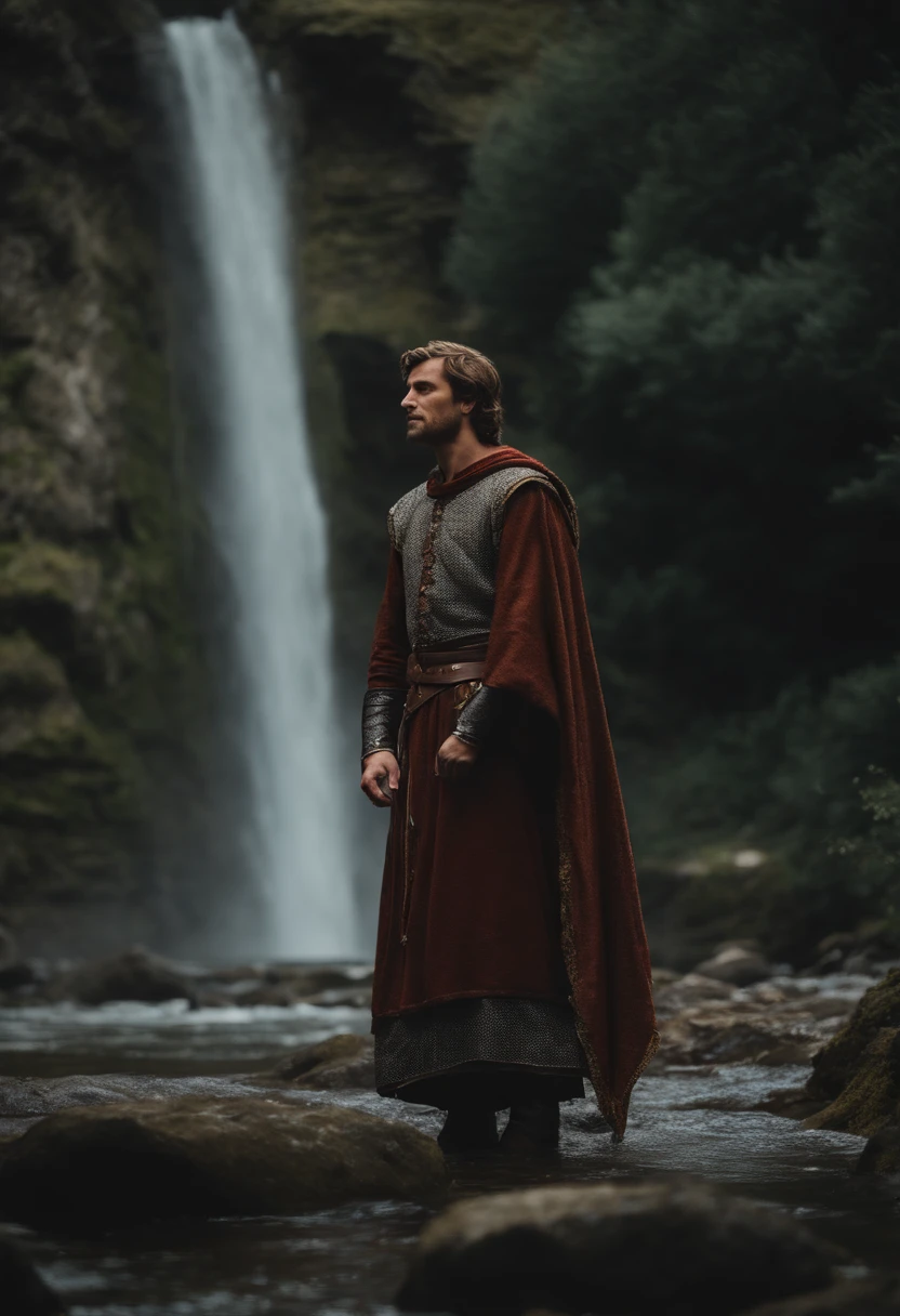 A medieval prince at a waterfall, tomando banho,sem vestes, tunic, prince