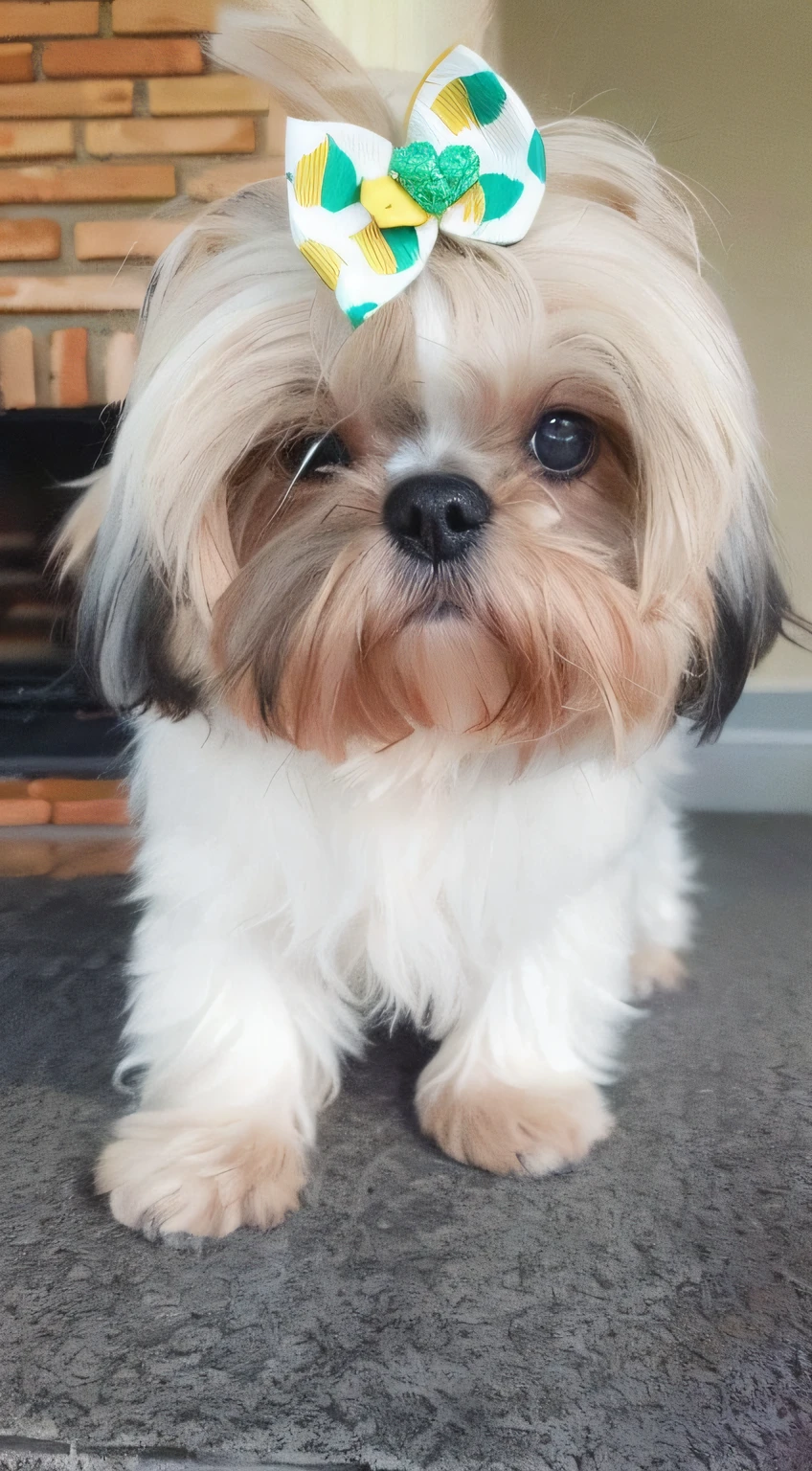 there is a small dog with a bow on its head, Shih Tzu, 2 anos, Dog cute, 5 anos, um bonito, Gorgeous features, an afghan male type, staring directly at camera, Shui Mo Hua, olhar desleixado, small dog, olhar orgulhoso, Anos, extremamente bonito, staring directly at camera, peludo bonito precisa de sua ajuda
