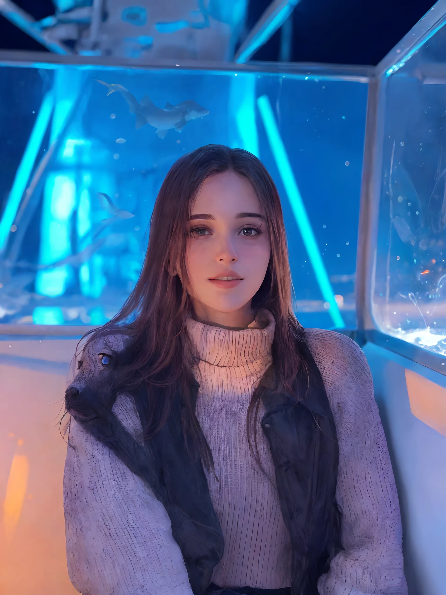 Araffe sentado em um banco em frente a um tanque de peixes, tomada em 2 0 2 0, Kailee Mandel, taken in the early 2020s, tiradas em 2022, Viktoria Gavrilenko, fotografia tirada em 2 0 2 0, com luzes azuis brilhantes, Anastasia Ovchinnikova