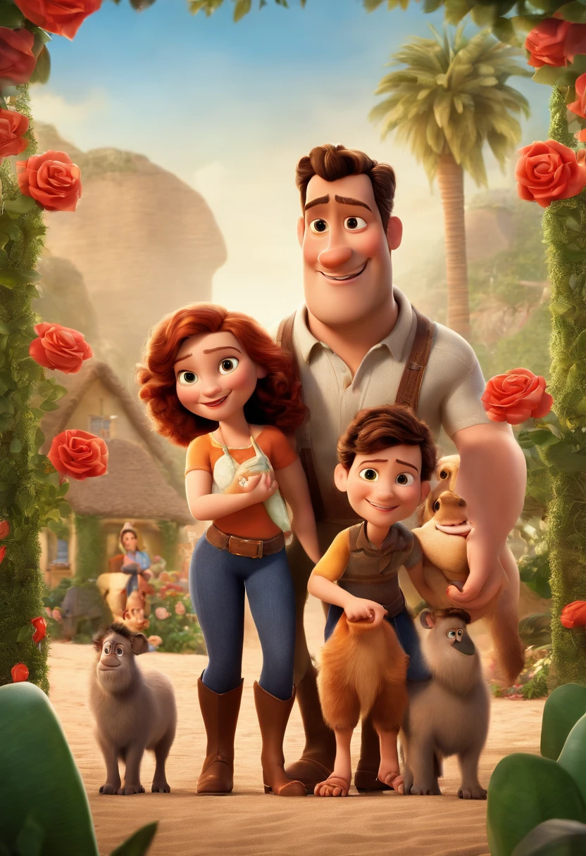 a Disney Pixar movie poster showing a white-skinned family. The father is the tallest, Tem barba curta, loiro, cabelos curtos e espinhosos. The mother has brown eyes and hair, shoulder-length and is slightly overweight. A tem 4 anos e cabelos castanhos, roupa rosa e rabos de cavalo. The background is a beach garden. 3D-rendering