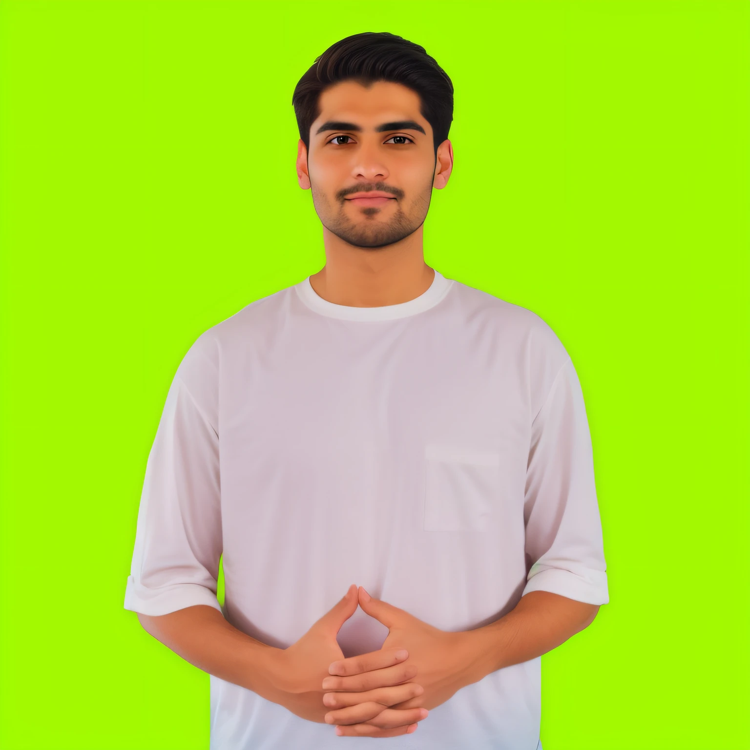 Hombre de camisa blanca haciendo un gesto con las manos, Fondo eliminado, Fondo de pantalla verde, Pose T, postura frontal, symmetrical pose, Pantalla verde, Anjali Mudra, Postura completamente corporal, Pose de pensamiento, gesto con la mano, Hombros centrados en la vista hacia arriba, hombre indistinto con la mano en alto, Fondo aislado, en un fondo simple, Su nombre es Greeny
