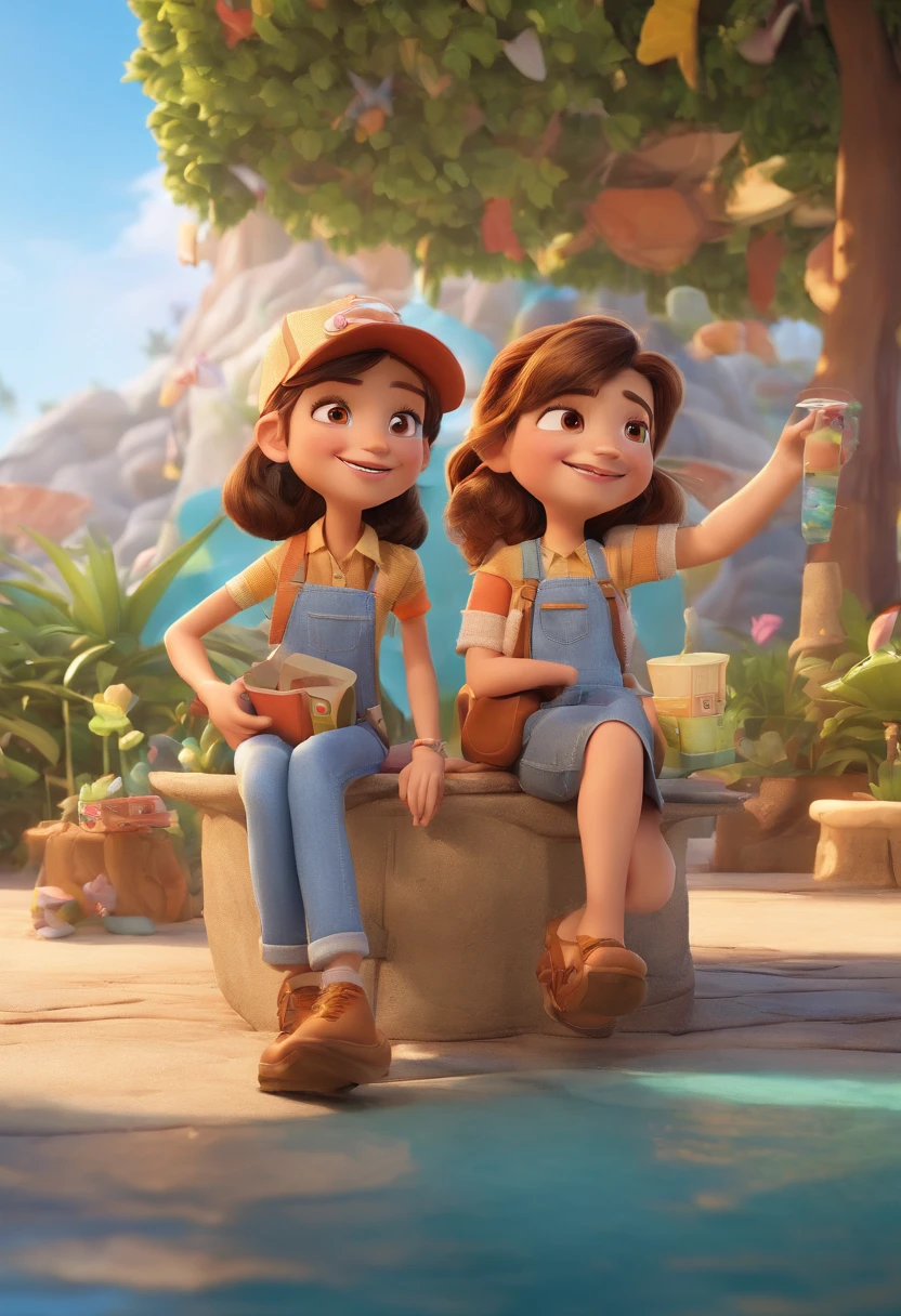 Cartoon of friends having fun on vacation together, 3D Animation Movie Poster, Poster de filme animado, pixar 3 d animation style, pixar renderman rendering, maia 8 mil, animated film, Disney Pixar Estilo 3D, amigos felizes saem juntos, all wearing light blue shirts and cream brown long pants, camisa azul clara, cream brown pants, ao ar livre, vacation, Disney Pixar Animation Poster