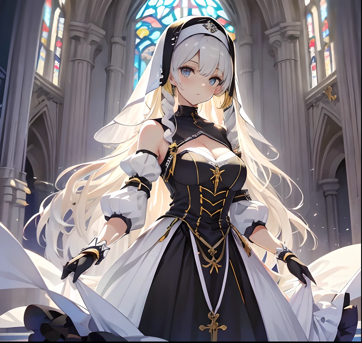 best qualtiy,tmasterpiece,Ultimate Resolution,downy,highly colorful,Colorful,saintess,silver-white long hair,Curly,a matural female,bra very,Nun dress,Metamorphosis is exposed,cathedral,sanctuary,Normal posture