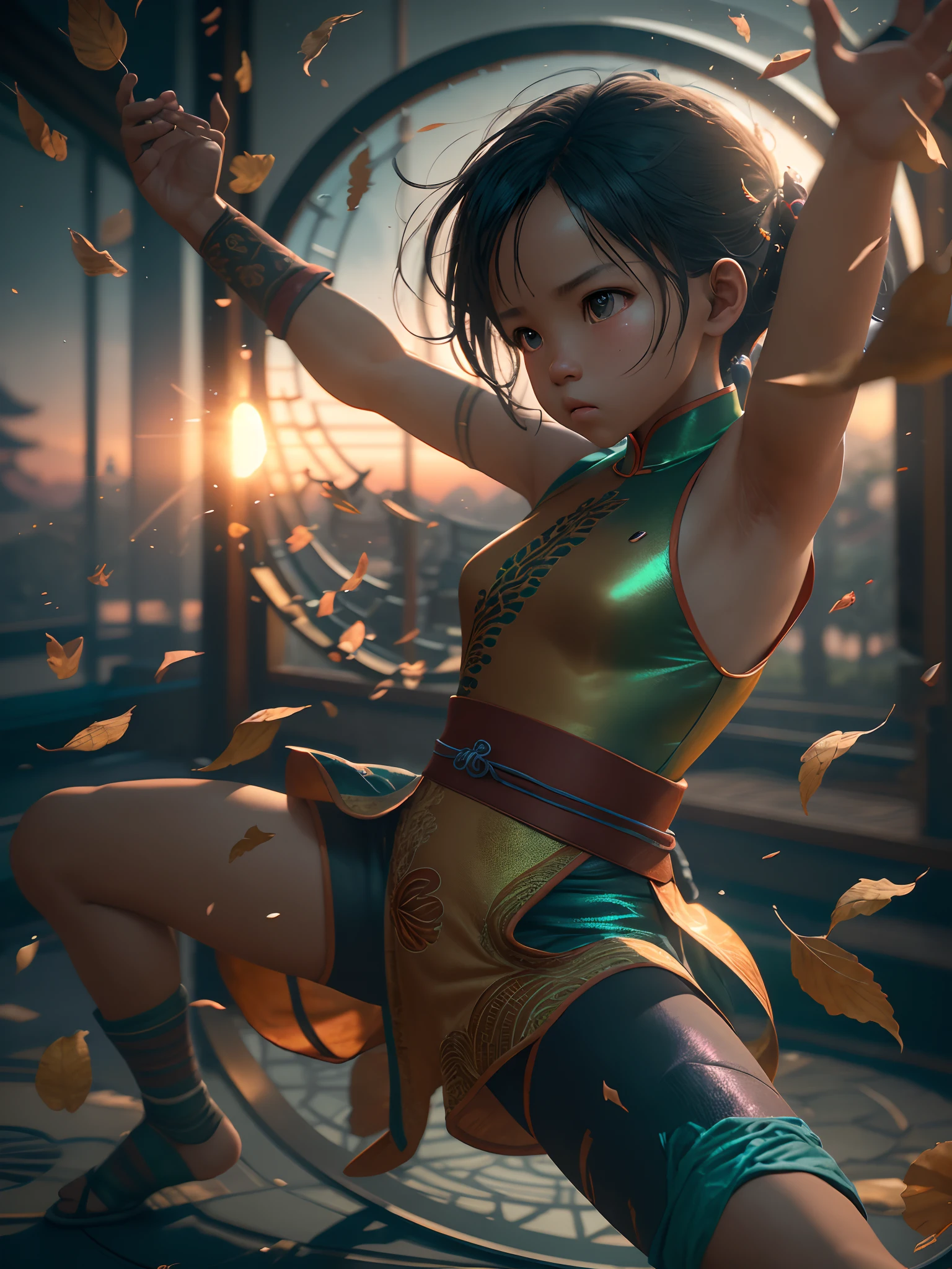 Wide angle shot of an African in kung-fu fighting pose, tough serious face in African designed kung-fu clothes, holding leaves blown by the wind floating in circular rotation around the child, African designed dojo in the background, sunrise in the scene shining, with beautiful iridescent light, artgerm style, 32k, ultra HD, unreal engine rendered, hyper-realistic image, octane 3d rendering, cinematic lighting, trending on artstation --auto --s2
