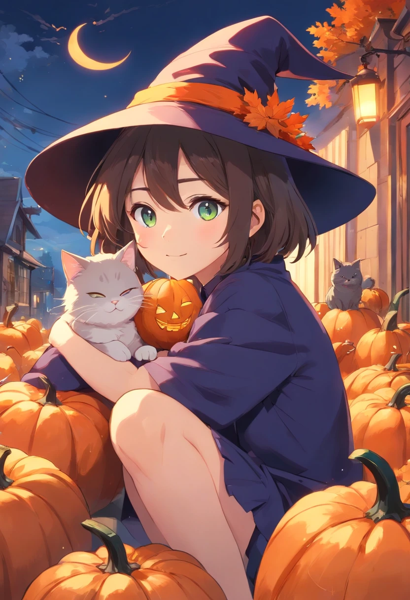 Um gato branco de pelo curto, gordo, wearing a witch's hat, Tem uma cauda curta, pumpkins, dia das bruxas, Os morcegos