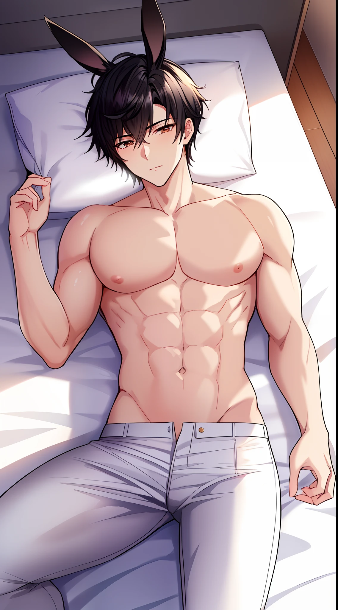 (Masterpiece, Best quality), 1 Muscular man with short black hair, Black rabbit ears and tail, Pale skin, light brown eyes, Very masculine and rabbit-like features, Attractive, only in loose white pants, without clothes, lying on the white bed,night lighting, lying in bed at night.