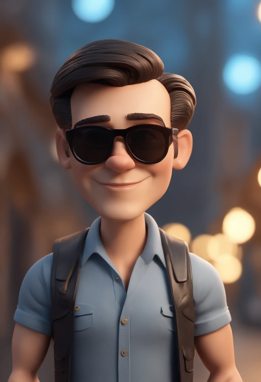 Cartoon character of a man wearing black glasses and a blue shirt, Black leather jacket and pants, Altura 1.74 metros, 90 quilos, olhos e cabelos castanhos escuros, Estilo James Dean, anos 2025, um personagem animado, Caractere estilizado, animation style rendering, 3D estilizado, Arnold Maya render, 3 d render stylized, toon render keyshot, Personagem 3D, Personagem 3D, 3d rendering stylized, 3 d character render, personagem de desenho animado, Personagem de close up, Pose de personagem, (Estilo Pixar) (master part:1.2) (Bokeh) (best quality) (pele detalhada) (textura detalhada) (8k) (argila) (Cinematic lighting) (foco nítido,Senta e vaza a parte superior do corpo