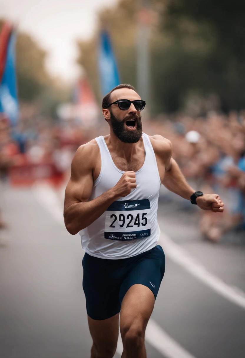 Generate an image of a man in his 30s achieving a personal goal, How to cross the finish line of a marathon with open arms, This man has fair skin, a beard, and wears a pair of glasses with rounded frames.