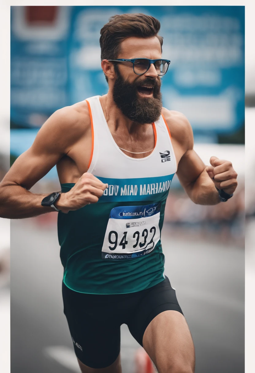Generate an image of a man in his 30s achieving a personal goal, How to cross the finish line of a marathon with open arms, This man has fair skin, a beard, and wears a pair of glasses with rounded frames.