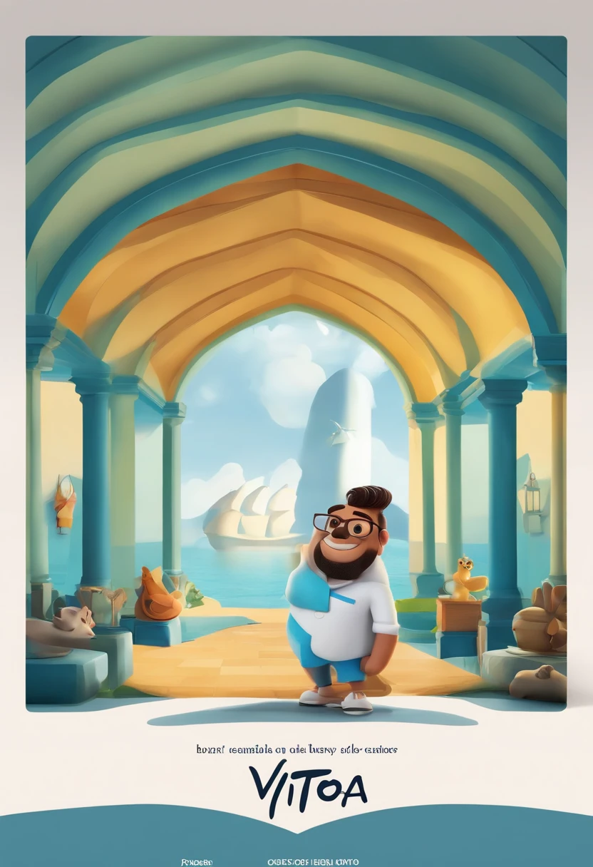 Poster 3D inspirado na Disney/Pixar capturing a scene with the title "Vitor" um garoto de com pouca barba que se concentra apenas em seu queixo de remendo a alma, cabelo desbotado de navalha preta, camisa branca, Short white shorts and a white sneaker with concealer symbol.