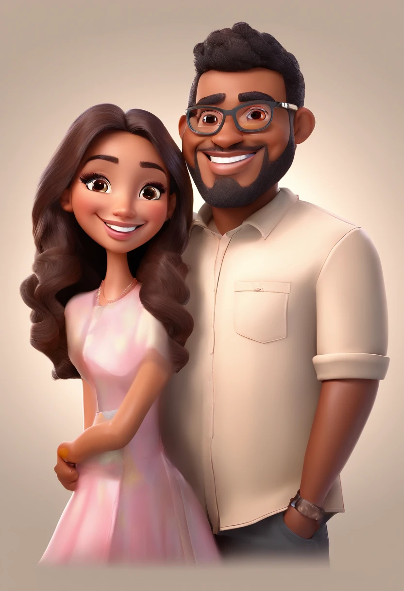 An illustration of an adorable couple, Highlight for a chubby mulatto man with smiling glasses and a brunette woman with beautiful expressive eyes - the man's skin is mulatto and the man's hair has, while the woman's skin is black and the woman's hair is straight and brown. They are a bright room, cada um com um sorriso no rosto, e compartilhar um momento especial caracterizado pelo amor, Insights. Illustrate this scene from a perspective where they are facing the camera, Smiling and Showing Your Connection. Desenvolva esta arte em Full HD, Focus on your cinematic touch, Estilo Disney Pixar Animations