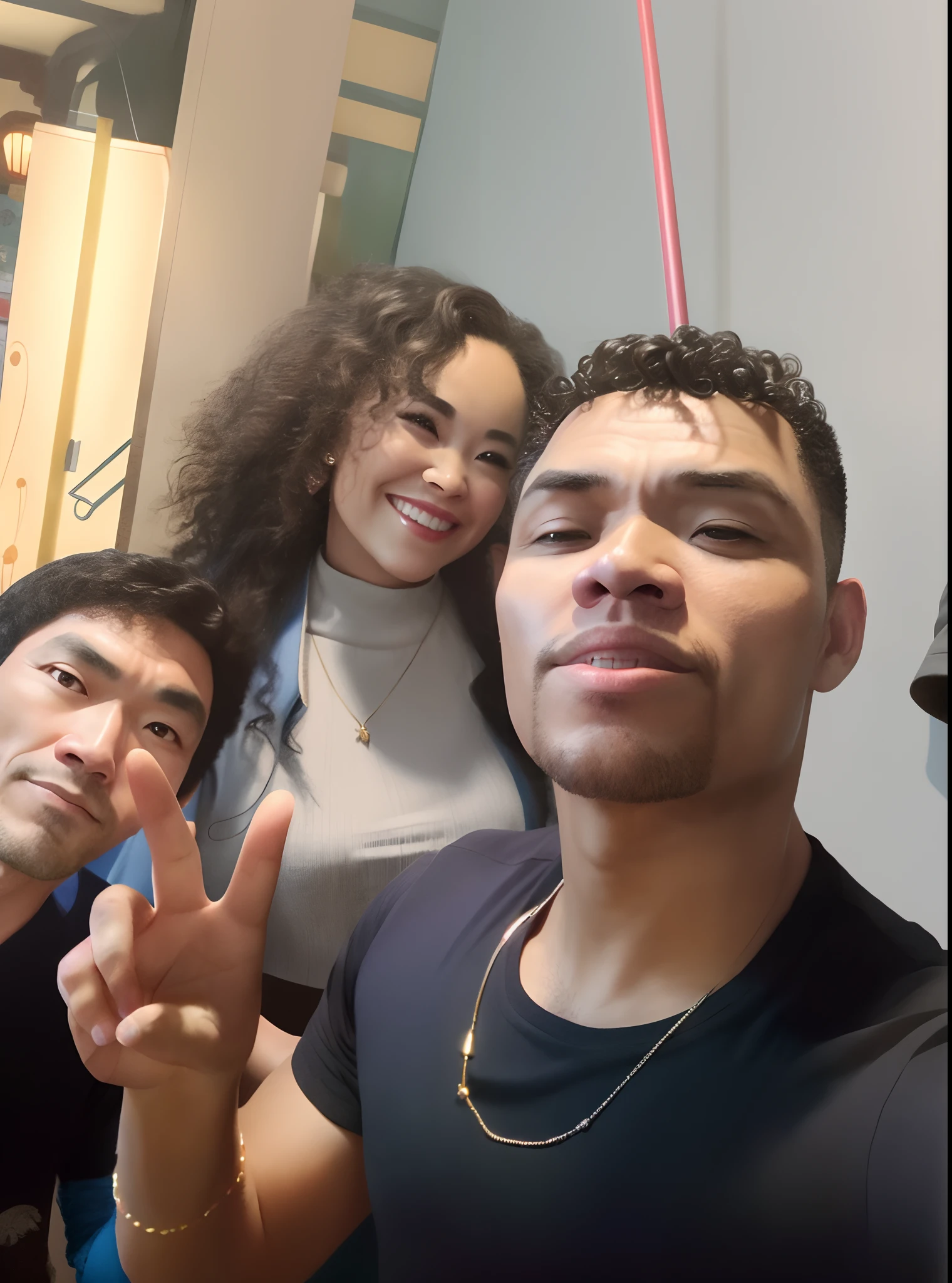 poster no estilo disney pixar, alta qualidade, melhor qualidade, o homem de cor pardo musculoso, in the back a Japanese man and in the middle a beautiful brunette with curly hair