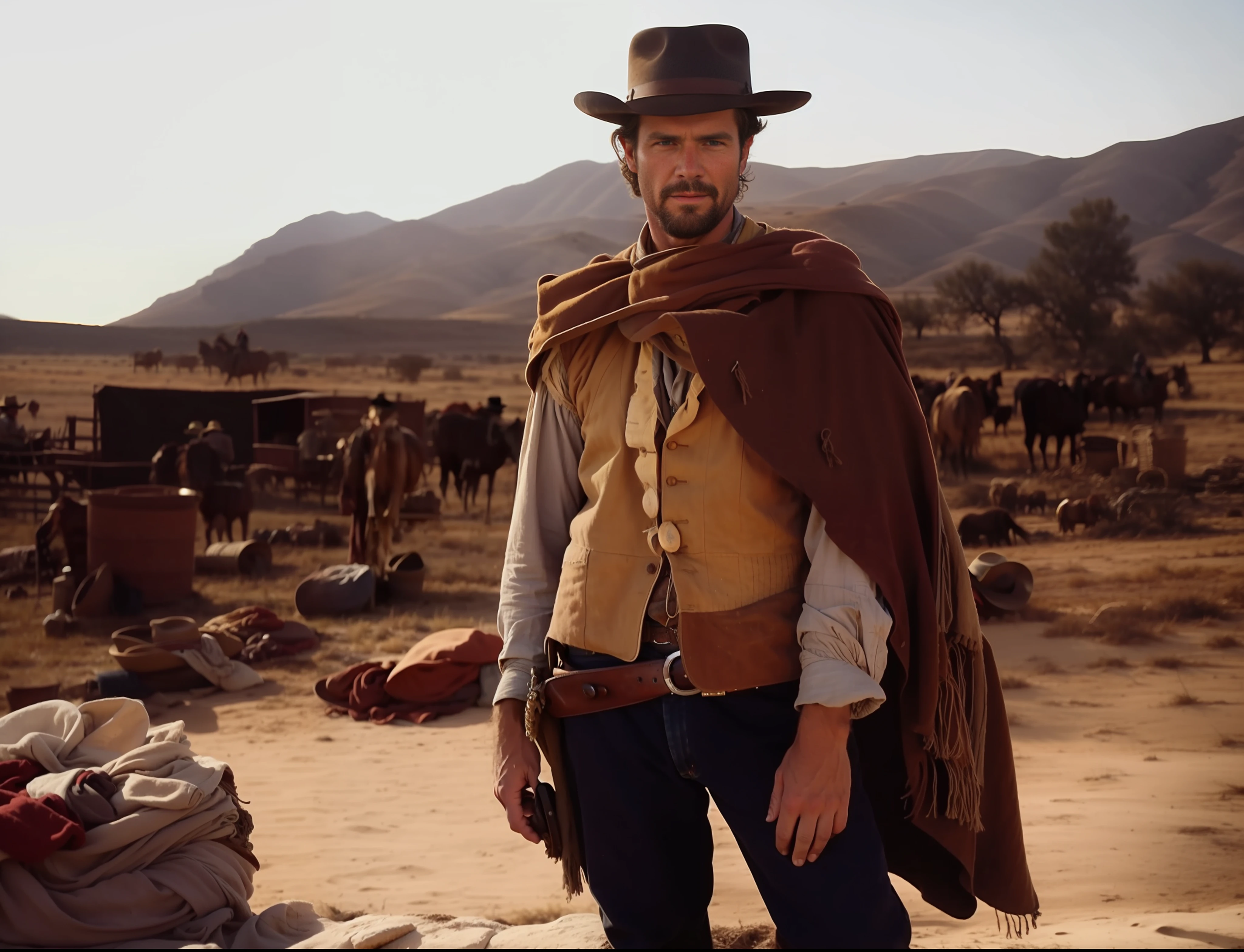 (best quality) A film still depicting a solo cowboy in ragged clothes, facing the sunset in a foreign Western scene. (western style) The scene is reminiscent of a Western movie, with shades