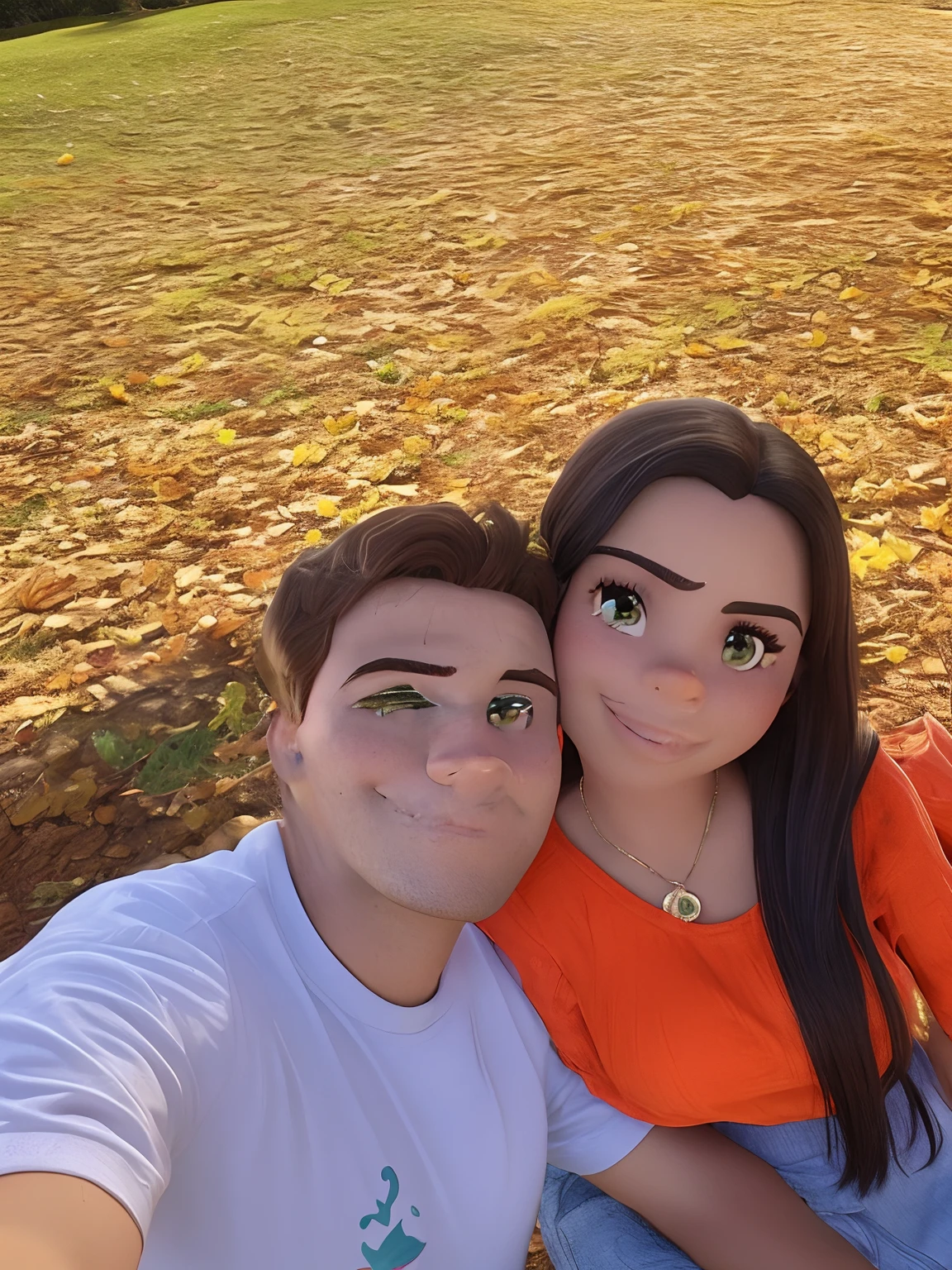 Estilo Disney Casal, homem pele clara com olhos verdes cabelo loiro escuro, Woman has light skin, brown eyes, medium dark hair, no fundo um parque com folhas amarelas no chao