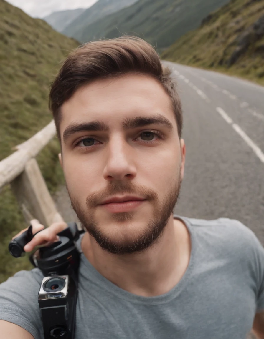 Jovem tirando uma selfie com uma GoPro enquanto caminhava por Kostas , No estilo das paisagens escocesas, Holga 120n |, aerial photography, personagens peculiares, vistas montanhosas, formato de tela grande