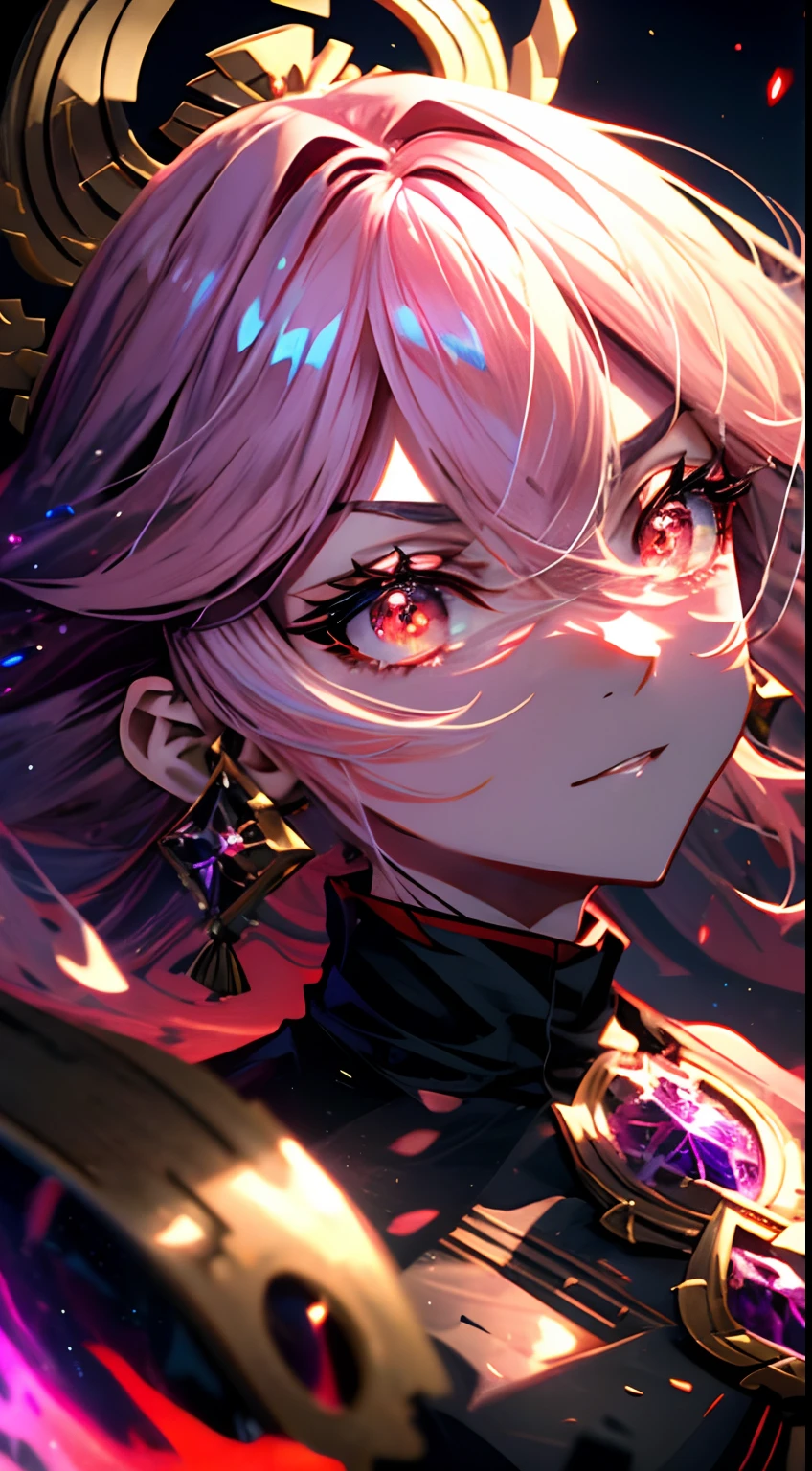 Please create a highly detailed 5K 2.5D CGI anime fantasy artwork featuring a girl dragon. The girl should be depicted in a front-facing position with a serious expression, bright red eyes, and super detailed facial features. She is wearing dark, shiny black armor with high contrast, and her hair should be rendered in a super realistic manner. The artwork should have a ruined castle in the background, set against a night sky filled with bright stars. Please add fire effects and fire particles in the air around the dragon girl to enhance the fantasy element. Additionally, this artwork should embody the style of detailed anime art, similar to Artgerm's work on ArtStation and Pixiv. The girl should be portrayed as the queen of dragons in an anime fantasy world, combining elements of both anime and fantasy art