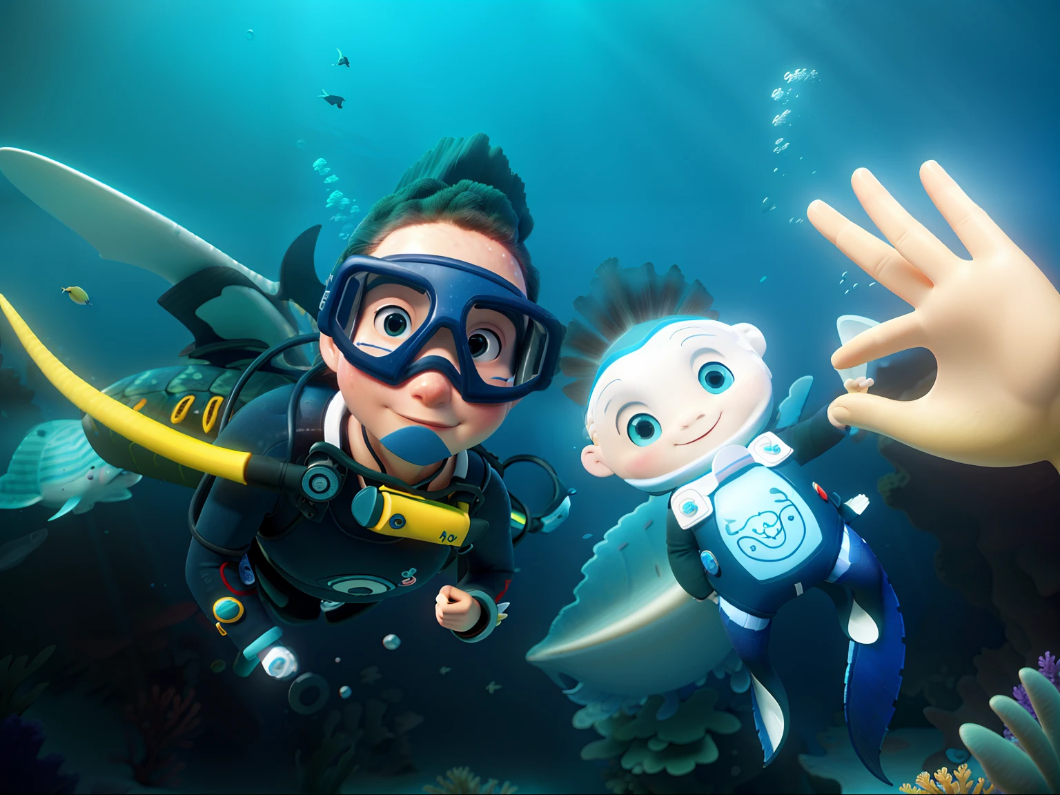 (best quality,4k,8k,highres,masterpiece:1.2),ultra-detailed,(realistic,photorealistic,photo-realistic:1.37),happy divers,two beautiful divers,underwater exploration,coral reef,diving adventure,crystal-clear water,marine life,shimmering sunlight,serene blue ocean depths,fascinating underwater world,detailed ocean flora and fauna,vibrant coral polyps,schools of colorful fish,gently swaying seaweed,playful sea turtles,majestic manta rays,graceful dolphins,mesmerizing underwater caves,hidden shipwrecks,expansive underwater landscape,unexplored depths,diver unity and camaraderie,exciting dives into the abyss,sparkling water refractions,evocative marine photography,immersive aquatic experience,intricate patterns and textures,surreal underwater lighting,aquatic tranquility and serenity,lively interactions with marine creatures,wondrous moments of discovery,awe-inspiring underwater vistas,
colorful and vibrant underwater world