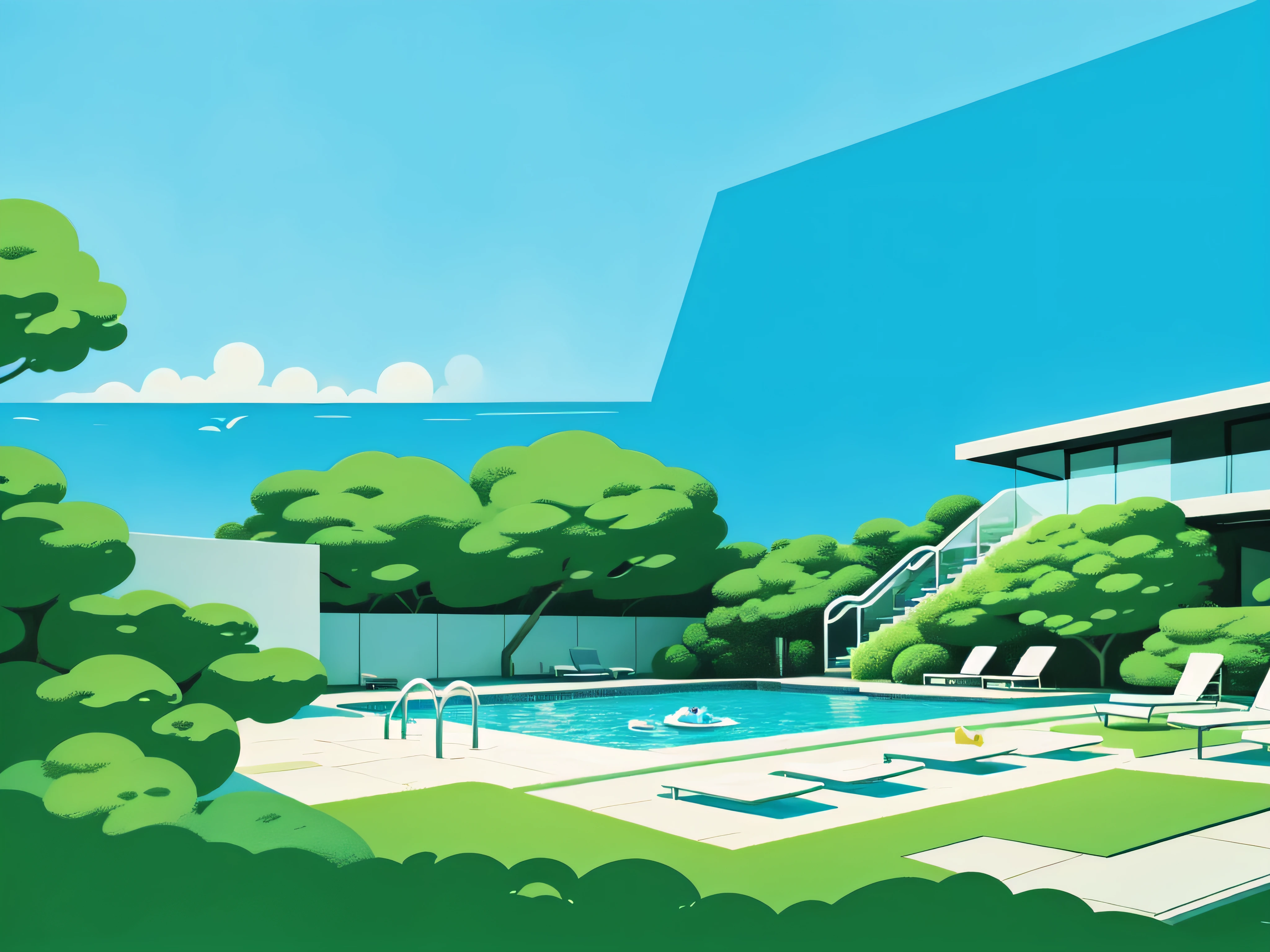 modern mid century home with a pool on a cliffs edge with a view done in looney tunes style with surreal background and simplistic bold color green