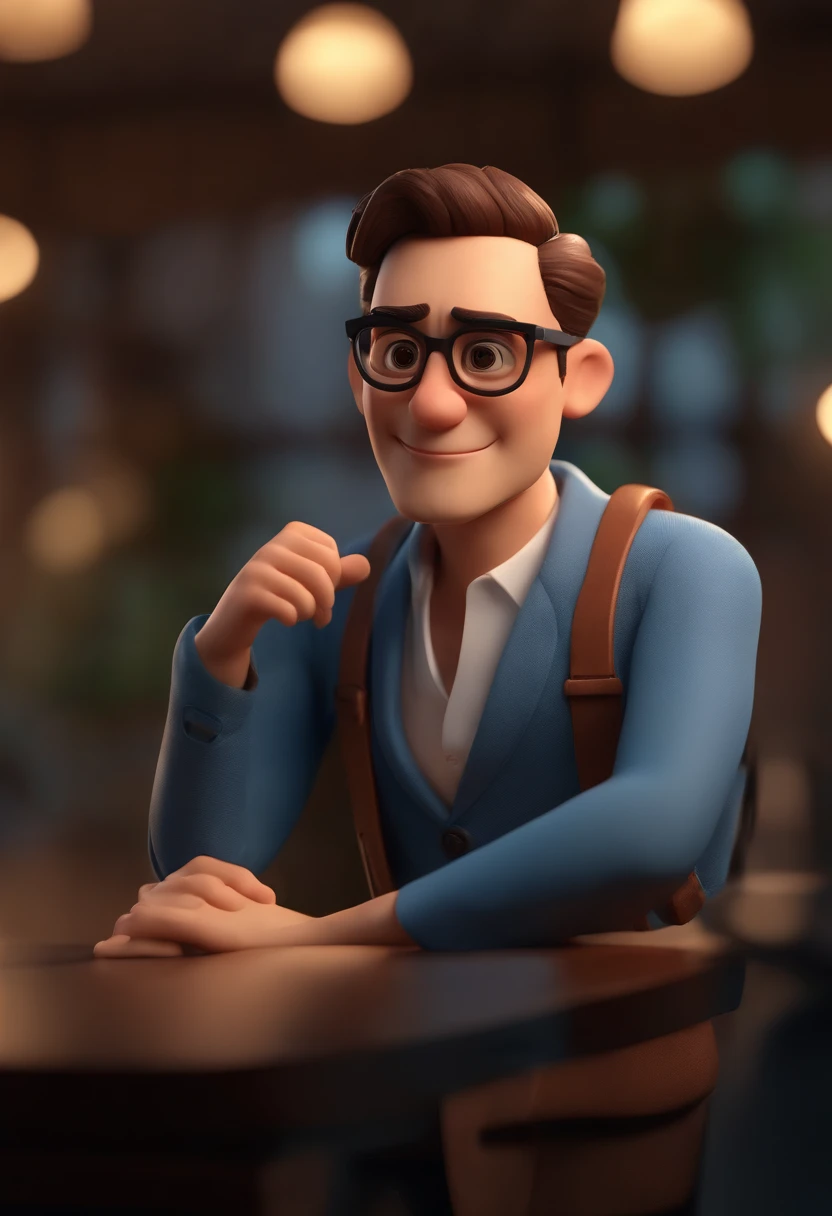 Cartoon character of a man wearing black glasses and a blue shirt, um personagem animado, Caractere estilizado, animation style rendering, 3D estilizado, Arnold Maya render, 3 d render stylized, toon render keyshot, Personagem 3D, Personagem 3D, 3d rendering stylized, 3 d character render, personagem de desenho animado, Personagem de close up, Pose de personagem, (Estilo Pixar) (master part:1.2) (Bokeh) (best quality) (pele detalhada) (textura detalhada) (8k) (argila) (Cinematic lighting) (foco nítido,Senta e vaza a parte superior do corpo