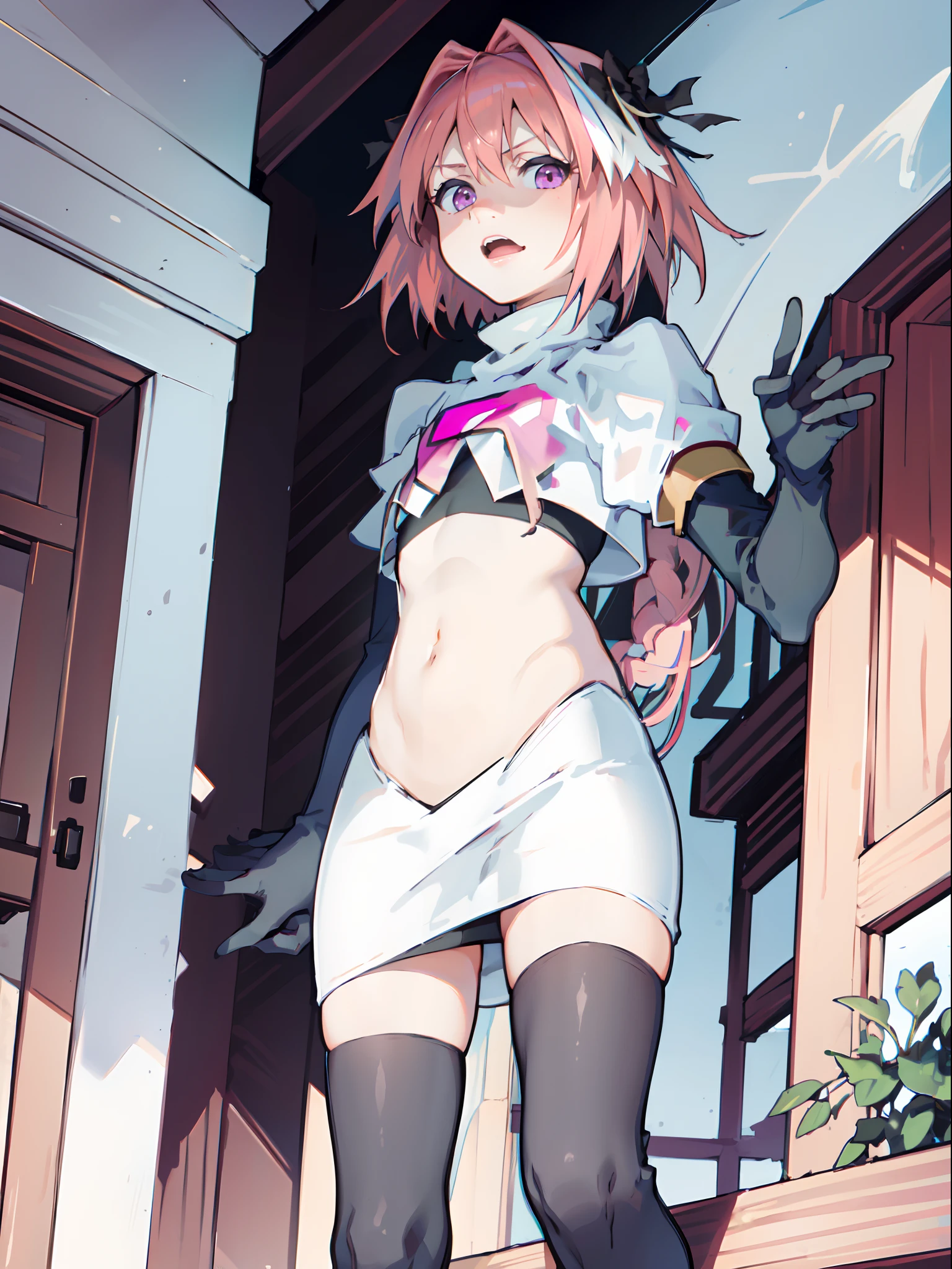 absurdres, masterpiece, best quality, (astolfo fate:1.2155), 1boy, male focus, trap, pink multicolored hair, pink hair, white hair, hair intakes, long hair, pink detailed eyes, crossdressing,1boy,team rocket,team rocket uniform,white skirt,crop top,black thigh-highs,black elbow gloves,