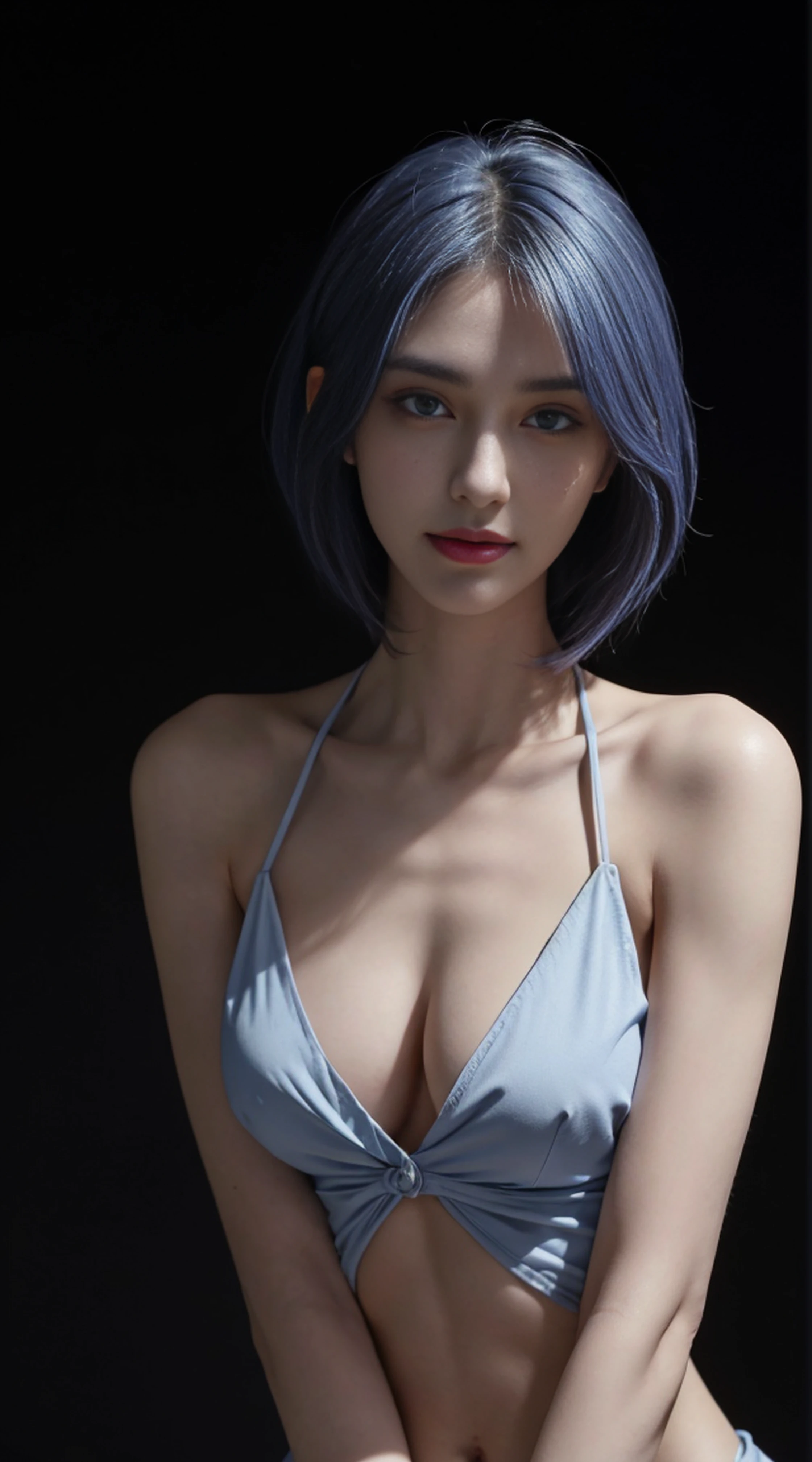 8K, Top Quality, Intricate Details, Ultra Detail, Ultra High Resolution, Masterpiece, random angle, Slender, Smile, (Makeup: 0.4), (Fluffy Blue Eyes: 1.21), blue Eyes, looking at viewer, ((full body)), 1girl, solo, 1 girl, (( full body)), close up shot, , ((tall)), (((fit body))), (((slim face))), sharp face, sharp eyes, (((random color hair, )) , (detailed face), sharp face, small lips,
(( )), ((open shirt)), detailed face, detailed breast, , large breast, detail ass, , Beautiful girl with accentuated slender abs: 1.4, Six Pack Abs: 1.4, Bust Botox, Big, Perfect Body, detail leg, (( dark background)), black background, (((see the whole body)))