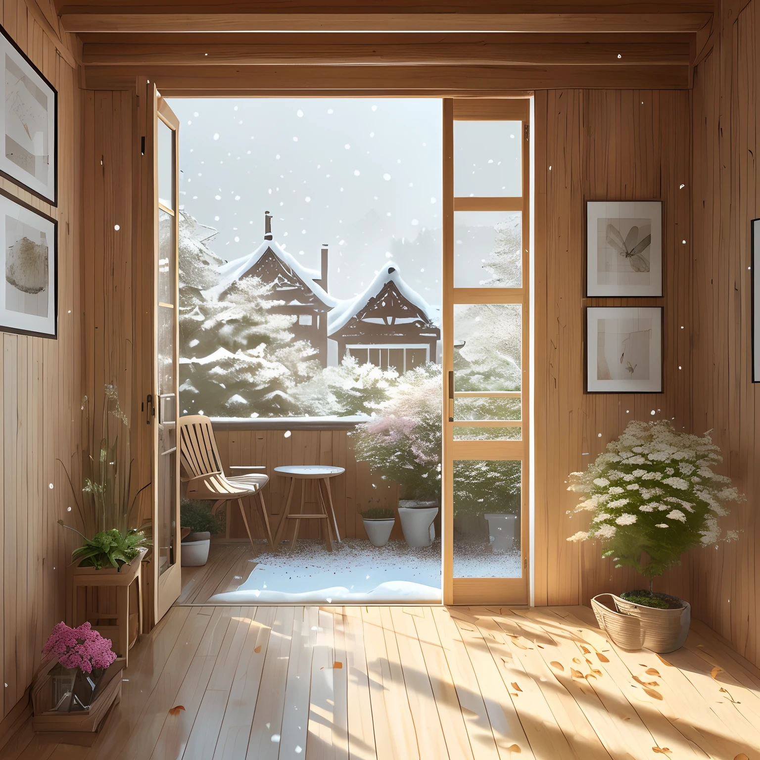 The best quality of butterflies in a small building in the shape of a triangle、(the Extremely Detailed CG Unity 8K Wallpapers)、(top-quality)、(The best illustrations)、(Best Shadows)、musgo、fireflys、A mushroom house covered with wtarlight surrounds the room、flower petals、Isometric 3D、octan render、Ray traching、ultra-detailliert、It's snowing outside