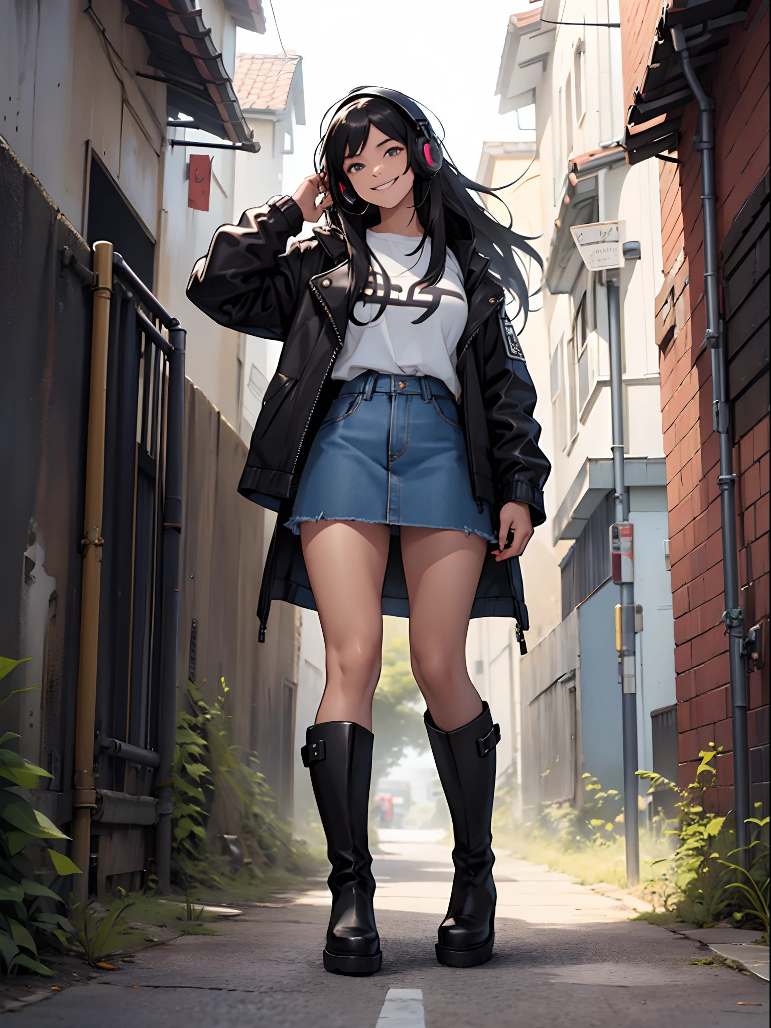 A girl with black jacket, denim skirt, black knee boots, white t-shirt, Big headphones, black long hair, smiling, cool pose, smiling, outside home