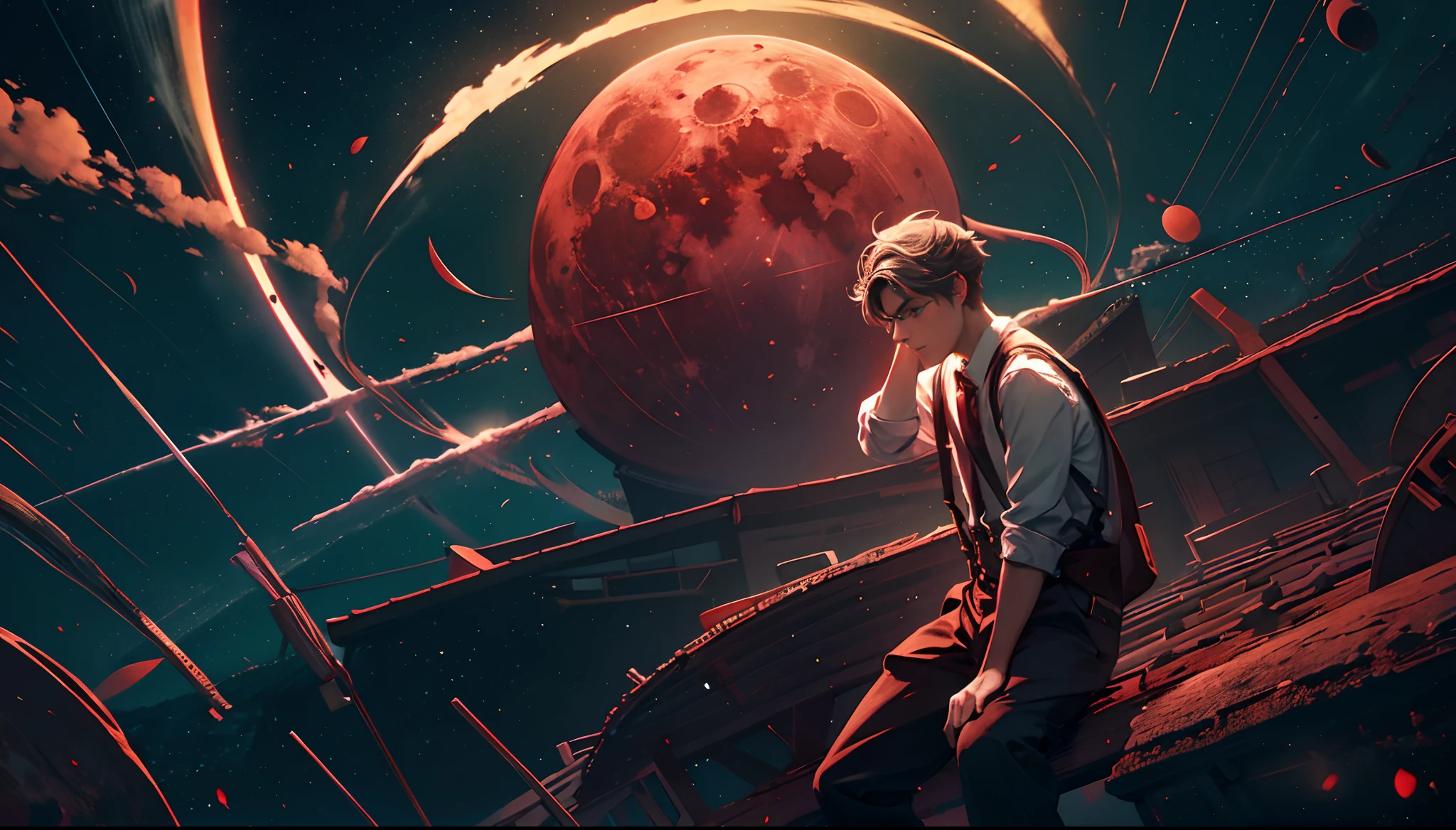 Blood Moon,Long red meteors streak across the sky,The green Northern Lights streak overhead from left to right,middle parted hairstyle,Suspenders,