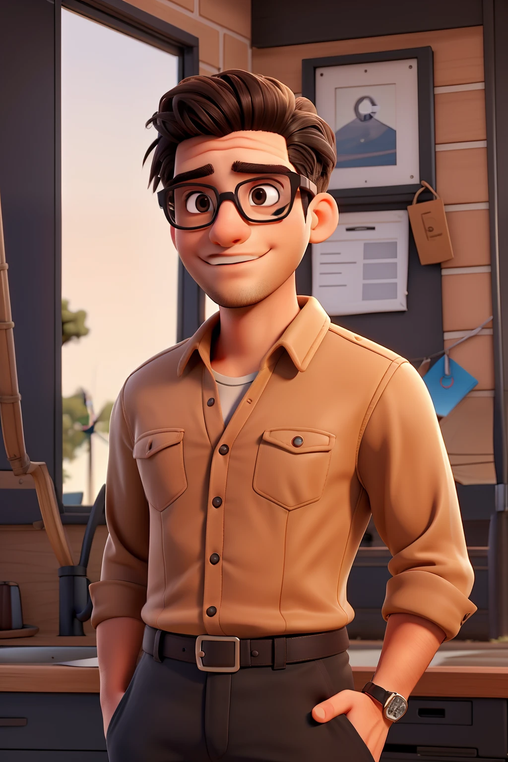 A 29-year-old man with a youthful appearance, cabelo preto com um topete, Wearing thin glasses well inconspicuous, cavanhaque curto, In the middle of a wind farm