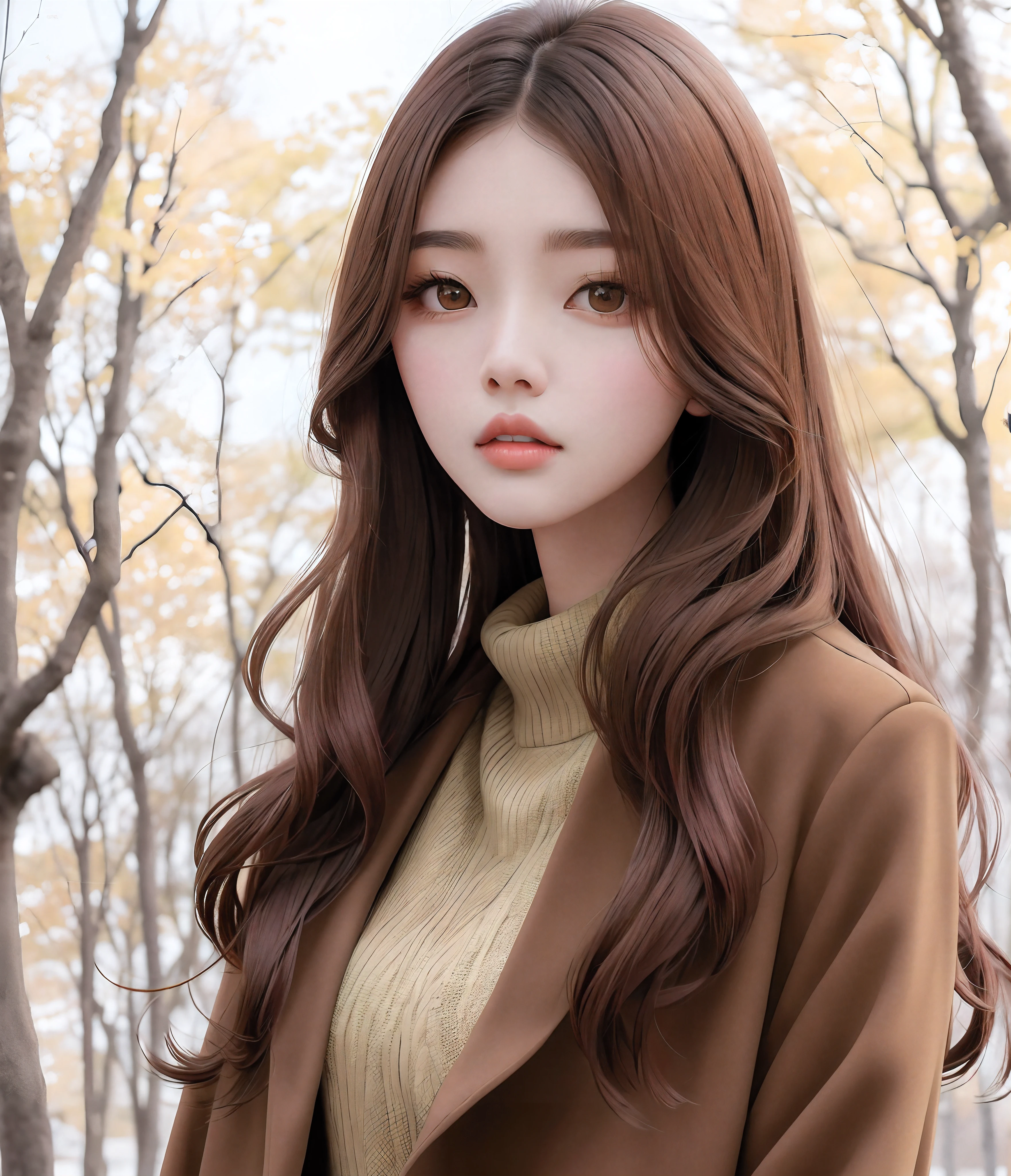 Long brown haired woman in coat and sweater in autumn park, beautiful Korean women, Gorgeous young Korean woman, Korean Woman, Beautiful young Korean woman, Wavy shoulder-length hair, Asian girl with long hair, Korean Girl, thin lustrous hair, brown colored long hair, Corfu Brown Hair, korean female fashion model, brown flowing hair